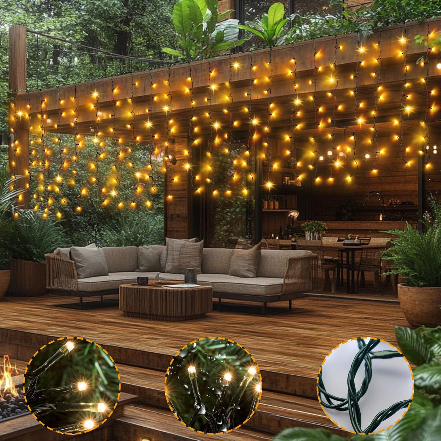 DBFAIRY Solar Curtain Lights, 13Ft x 3.3Ft 200 LED Outdoor Curtain Lights Waterproof Auto ON/Off 8 Modes for Garden Fence Patio Wall Decor (Warm White)