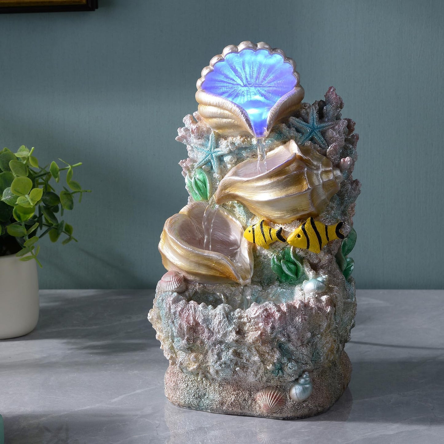 GOSSI Themed Coral Shell Fountain Tabletop Home Décor Indoor Desktop Fountains Perfect for Zen Waterfall Meditation Waterfall Decor Fountain with LED Lights(23037)