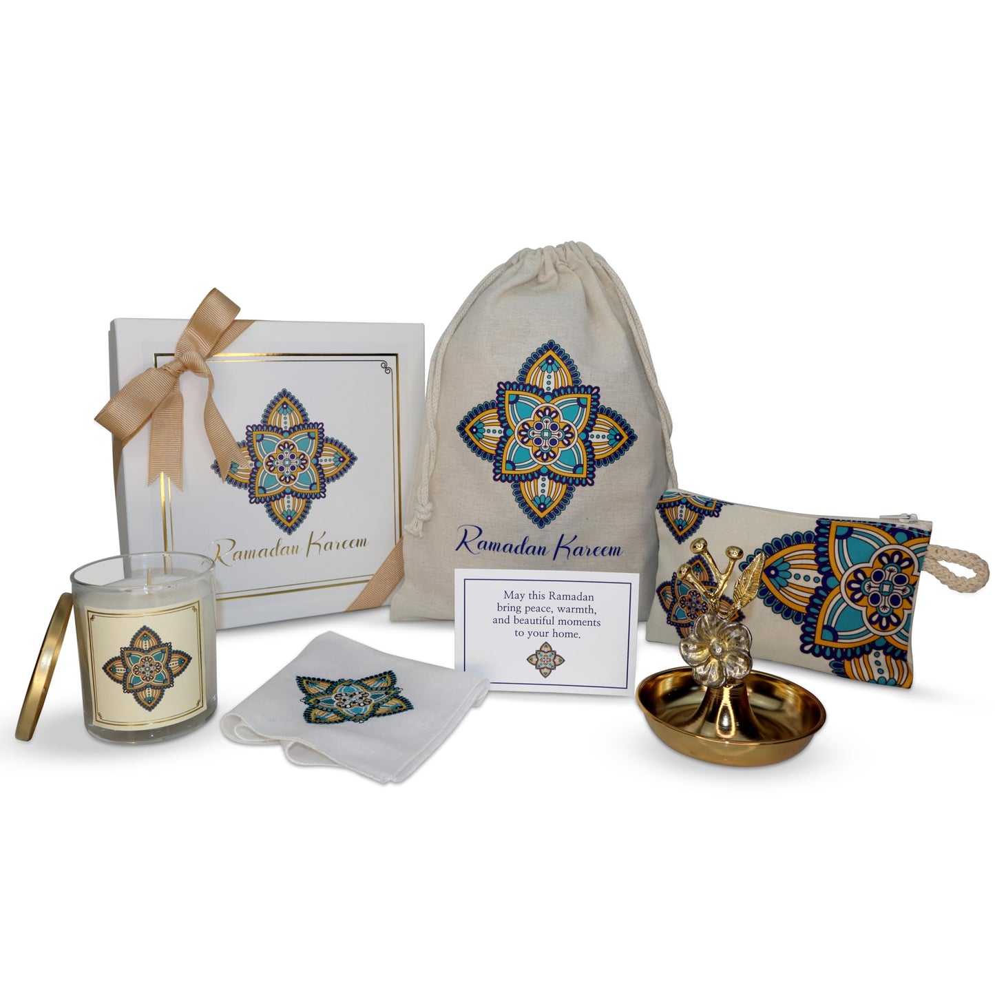 CharmLab Candle – Ramadan Kareem Gift Set, 5 Piece Islamic Home Box with 4.8 oz Scented Candle, Women’s Fabric Wallet Pouch & Decorative Dish, Ramadan & Eid Gift for Women