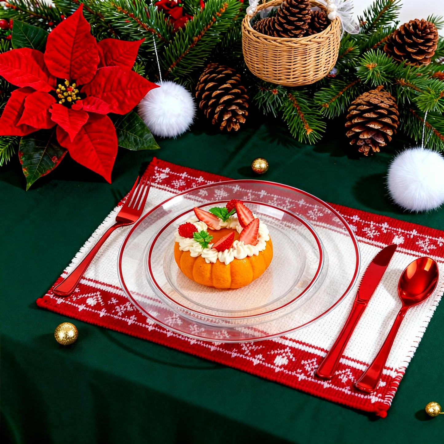 SUT 350 Pcs Red and Clear Plastic Dinnerware Set for 50 Guests, Include: 50 Dinner Plates, 50 Dessert Plates, 50 Pre Rolled Napkins With Silverware, 50 Cups, Disposable Plates for Party