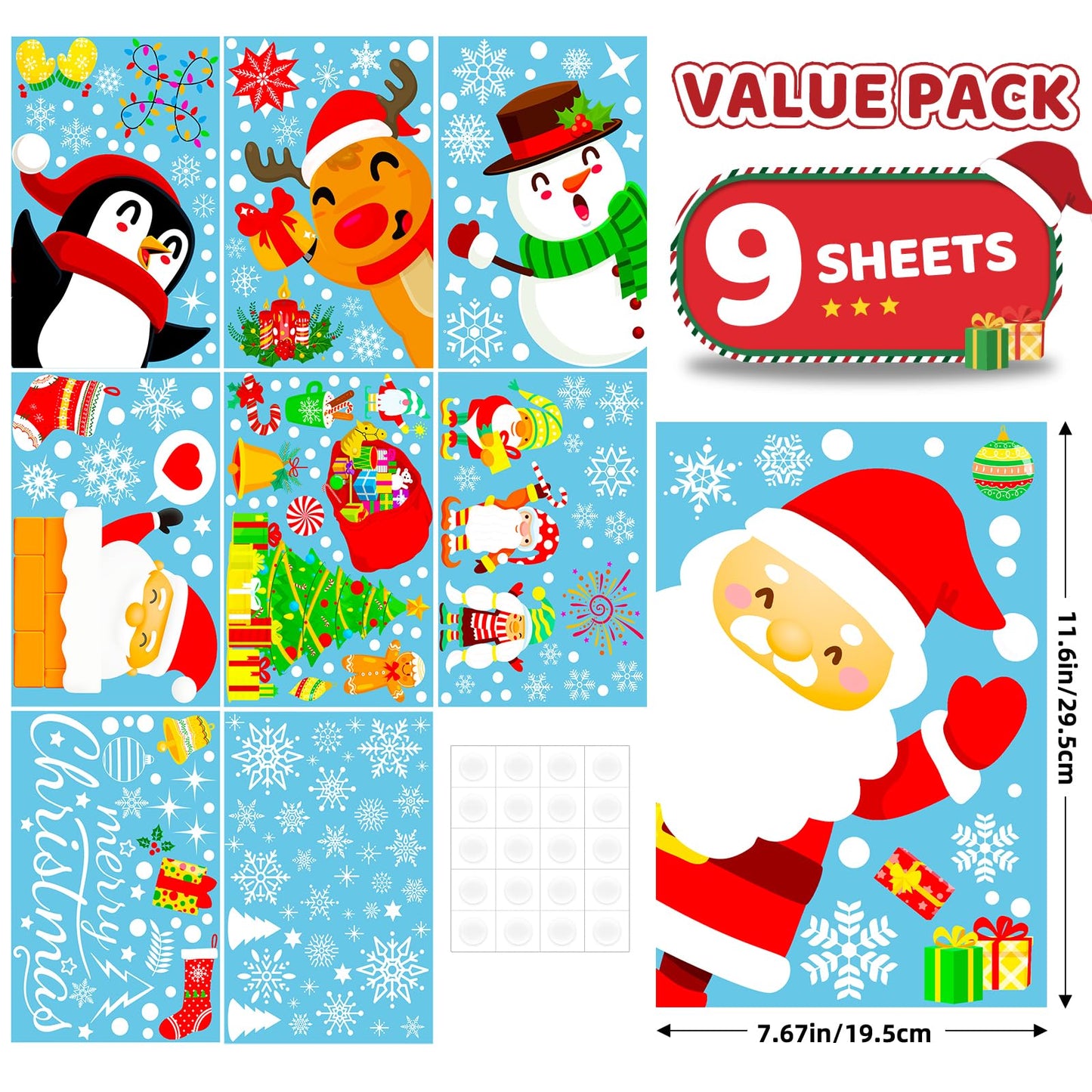9 Sheets 200+Pcs Christmas Window Stickers Xmas Decals Decorations for Glass Snowflake Santa Claus Reindeer Window Cling Sticker for Holiday