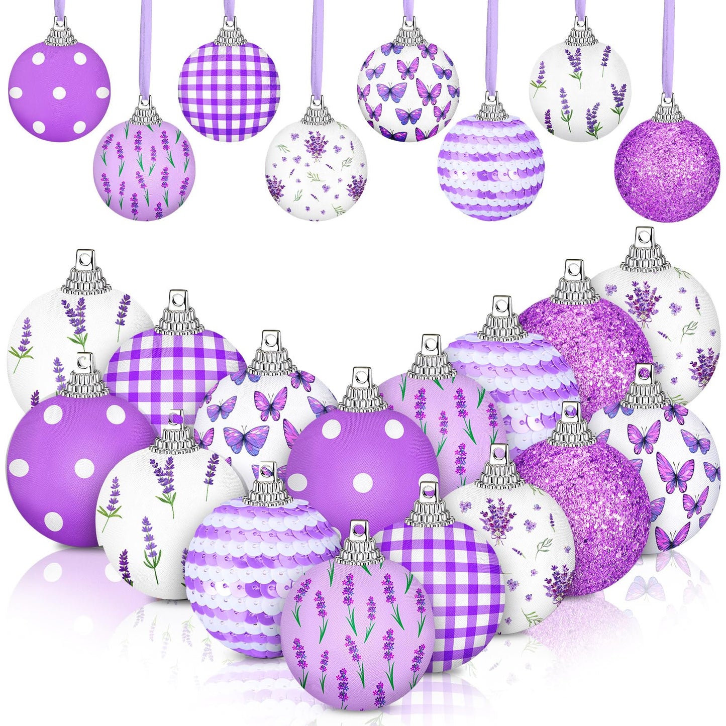 Zeyune 16 Pcs 1.97 Inch Spring Ornaments for Small Tree Lavender Butterfly Tree Decorations Summer Purple Glitter Sequin Balls Hanging Decor for Holiday Party Favors
