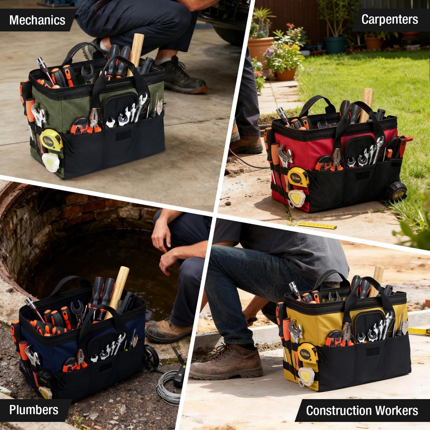 HISEA 3 Pack Heavy Duty Tool Bag with Storage Pockets, 16-Inch Tools Organizer Tote with Wide Base, Water-Resistant Durable Tool Bags with Zipper for Electrician, Tradesman (Red, Yellow, Blue)