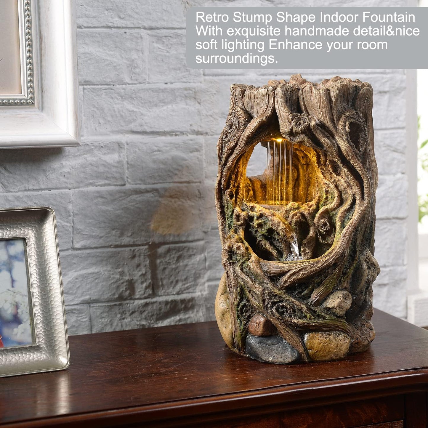 Kalona Tabletop Fountains Beautiful Stump Water Fountain Relaxation Raindrop Fountains Meditation Desk Fountain Artistic Waterfall Fountains Home/Office Decor(22013)