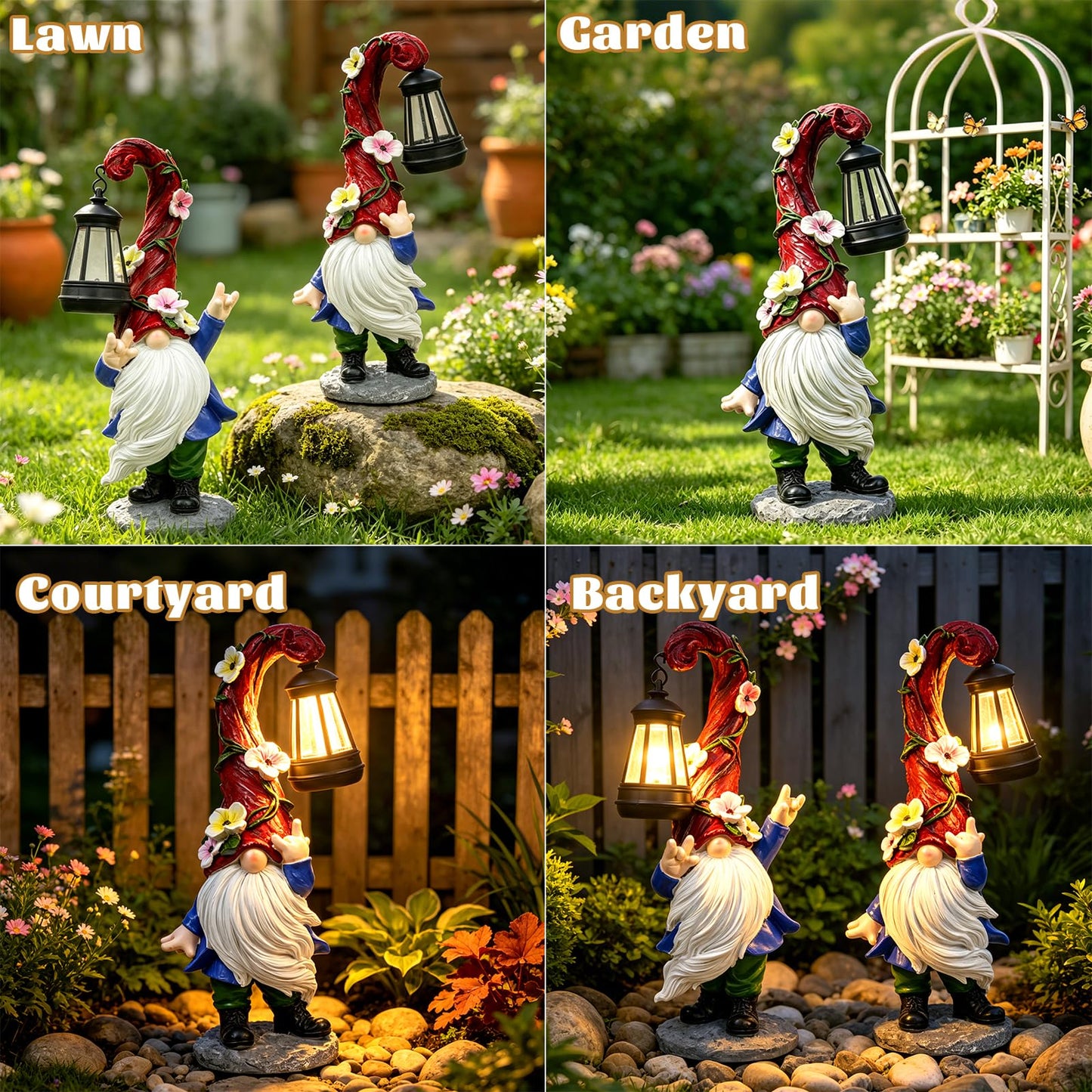 PaLuQiYa Garden Gnome Statue with Solar Lights 13.7" Garden Sculptures Gnomes Decorations Gnome Outdoor Patio Lawn Yard Balcony Birthday Gift for Mom Grandma(Right Light)