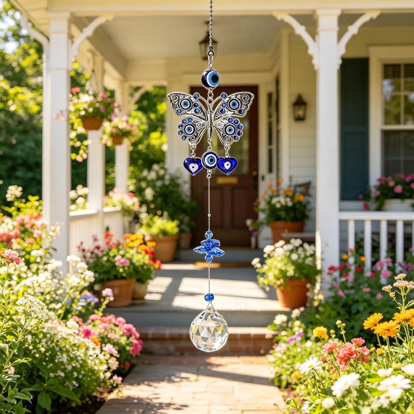 Turkish Blue Evil Eye Butterfly Wall Hanging with Crystal Suncatcher Ornament for Home Decor Protection Good Luck Blessing Housewarming Birthday Gift