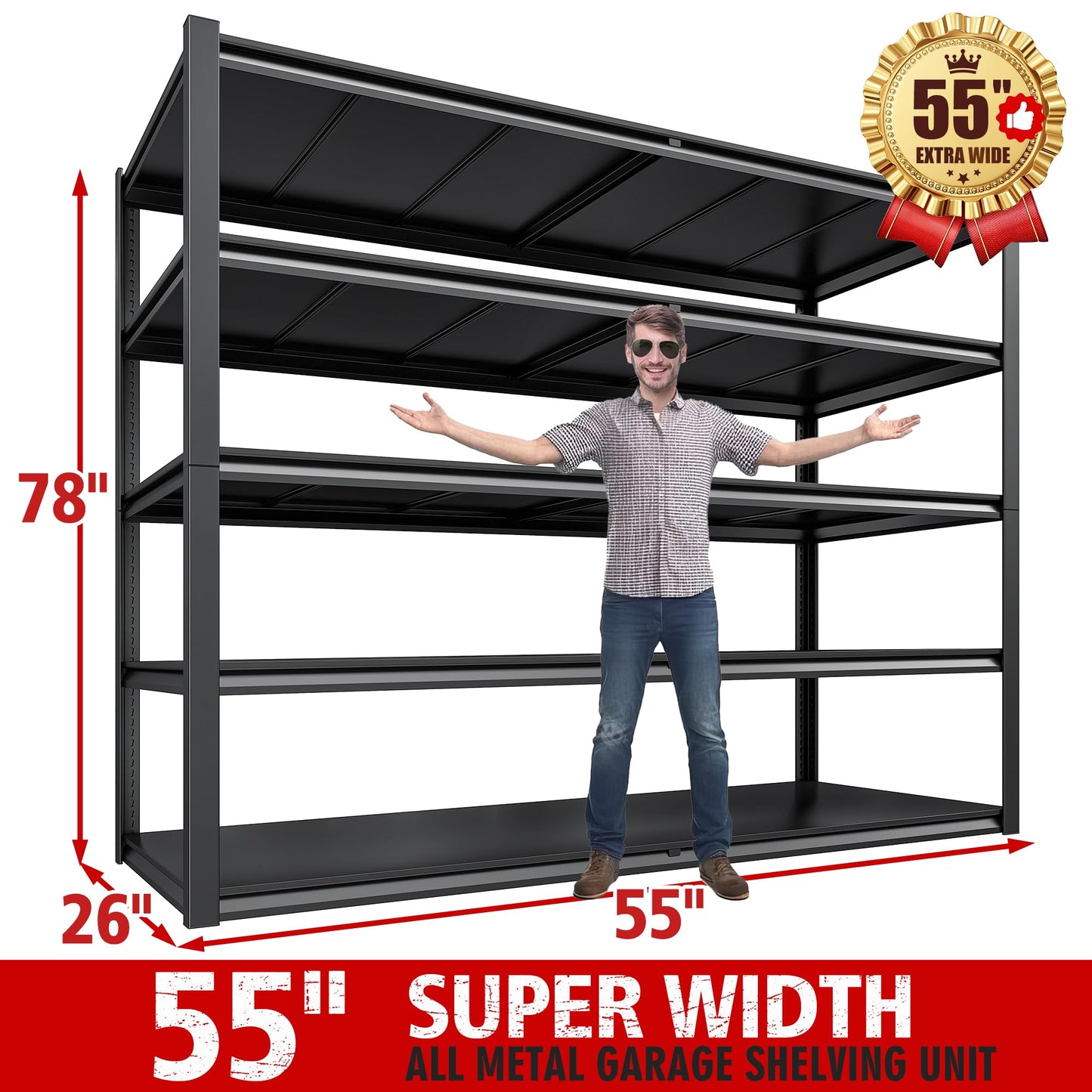 REIBII Garage Shelving Heavy Duty78 H, Garage Storage Shelves Shelving Unit Load 3000LBS,5 Tier Adjustable Metal Shelves for Warehouse, Basement, Pantry, Factory, 55" W x 26" D x 78" H