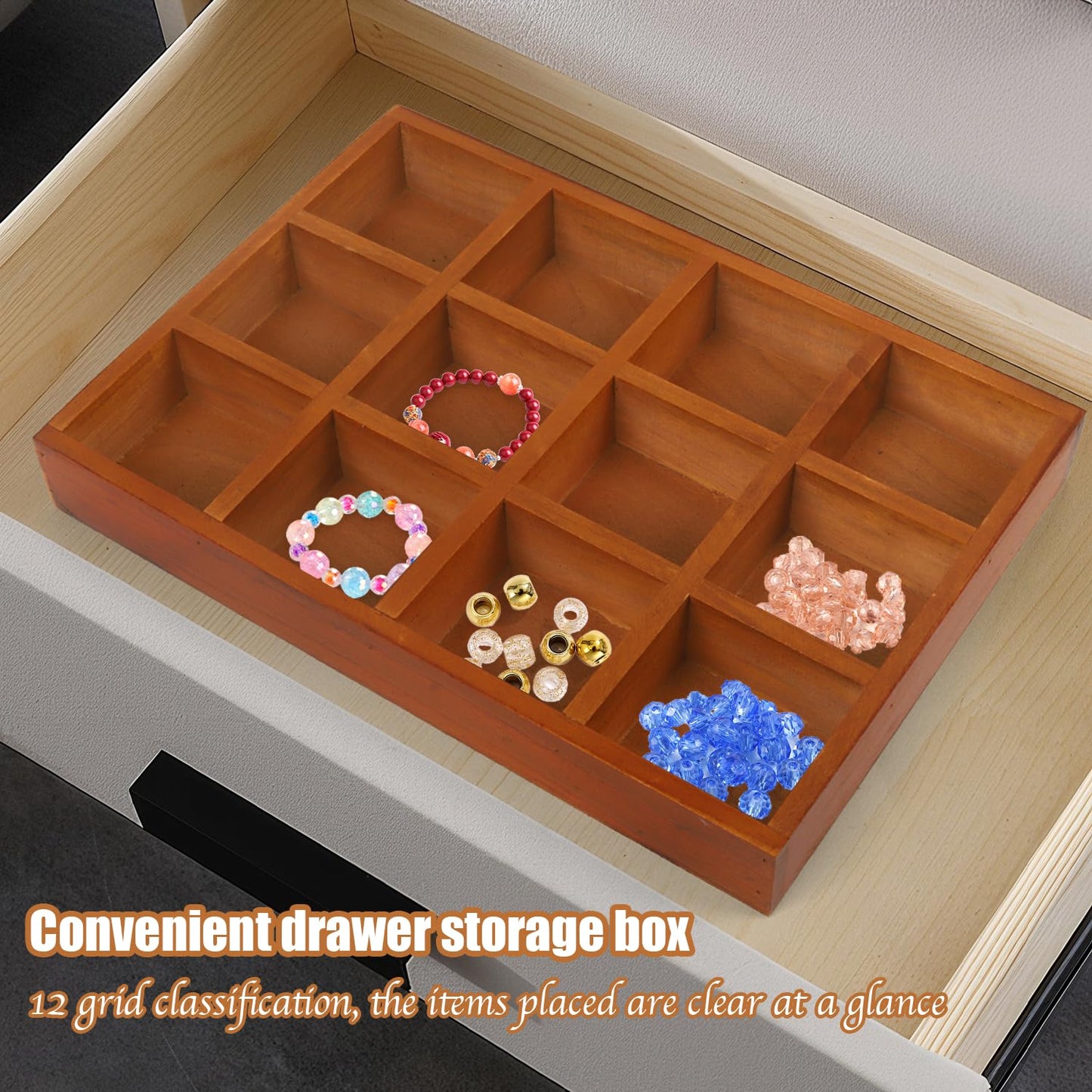 Wuqoioo Wooden Tray, 2 Pack Wood Drawer Organizer Drawer Organizer 12 Grid Sorting Tray, Wood Divided Organizers Wooden Sorting Trays For Arts & Crafts, Stationery, Small Items, Home Office