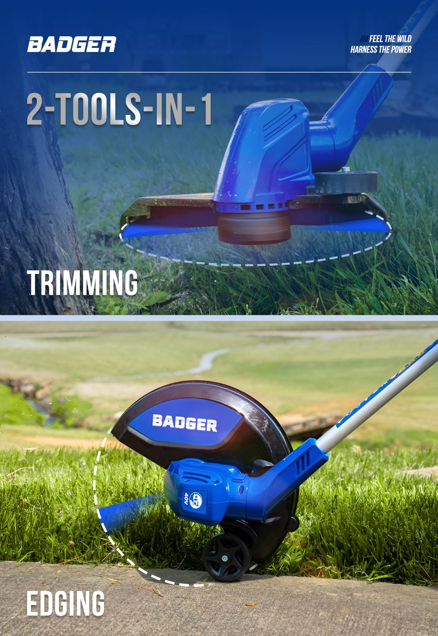 Wild Badger Power Weed Wacker 40V 13'' Cordless 2 in 1 String Trimmer/Edger with Auto Feed, 2.0Ah Battery and Charger, 2 Pack Trimmer Line