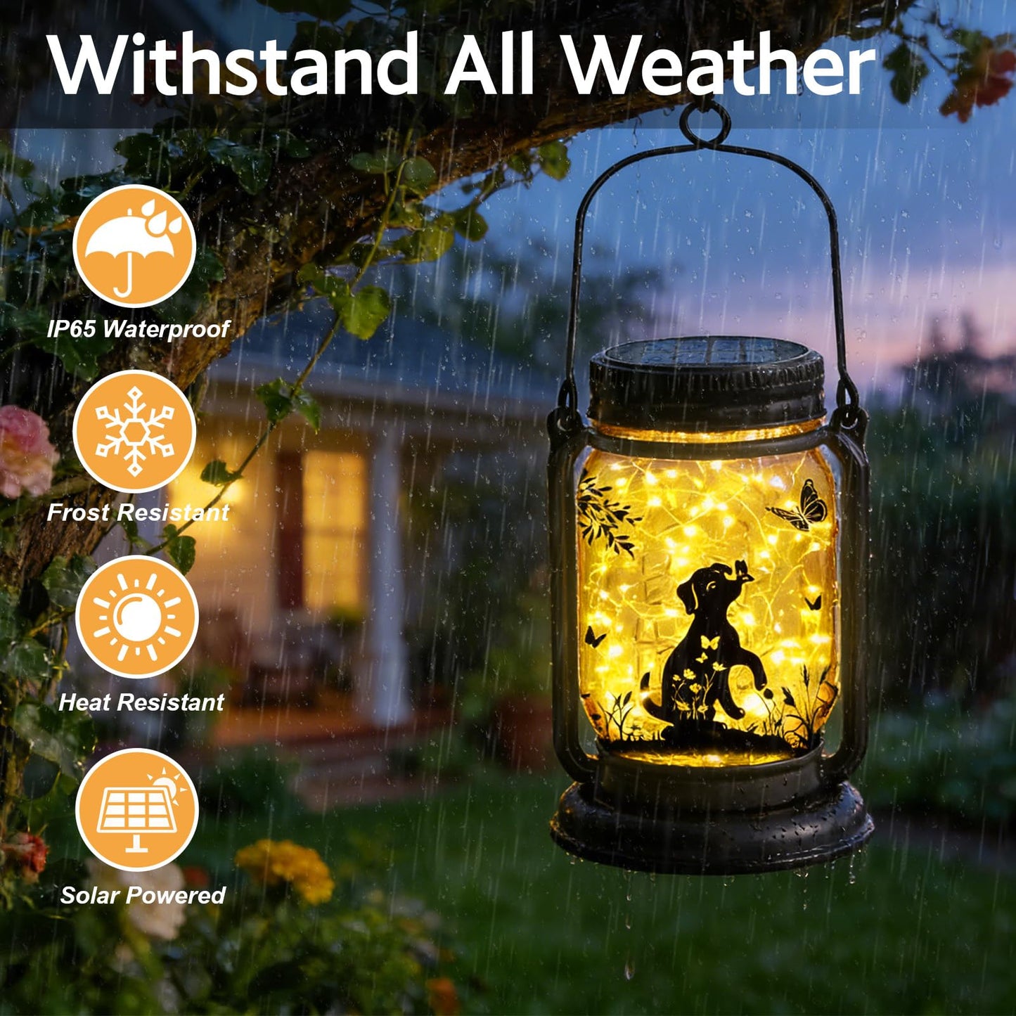 Dog Solar Lanterns, Outdoor Hanging 3in1 Solar Lantern with Stake, Mother's Day Birthday Gifts for Mom Women Grandma Dog Lover, Dog Butterfly Mason Jar Waterproof LED Lights for Yard Lawn Garden Decor