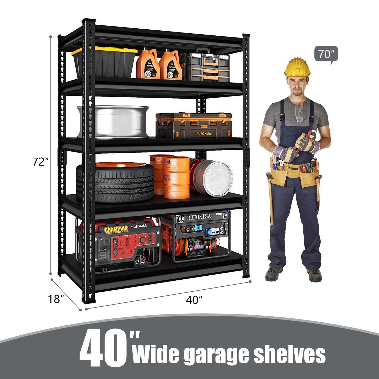 Rufokisa 5-Tier Garage Shelving Heavy Duty, 72" Metal Shelving Unit - 2250 lbs Load Capacity, 40"W x 18"D x 72"H (Black)