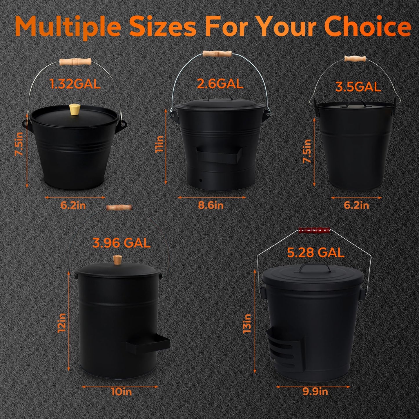 KEFIY 5.2 Gallon Ash Bucket with Lid and Shovel, Metal Fireplace Ash Bucket with Broom, Complete Fireplace Tools Set for Wood Stove and Fireplace