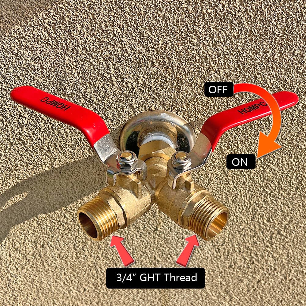 HQMPC Garden Hose Y Valve Splitter With Stainless Steel Long Handle - Brass 2 Way Water Adapter, 3/4" GHT Thread