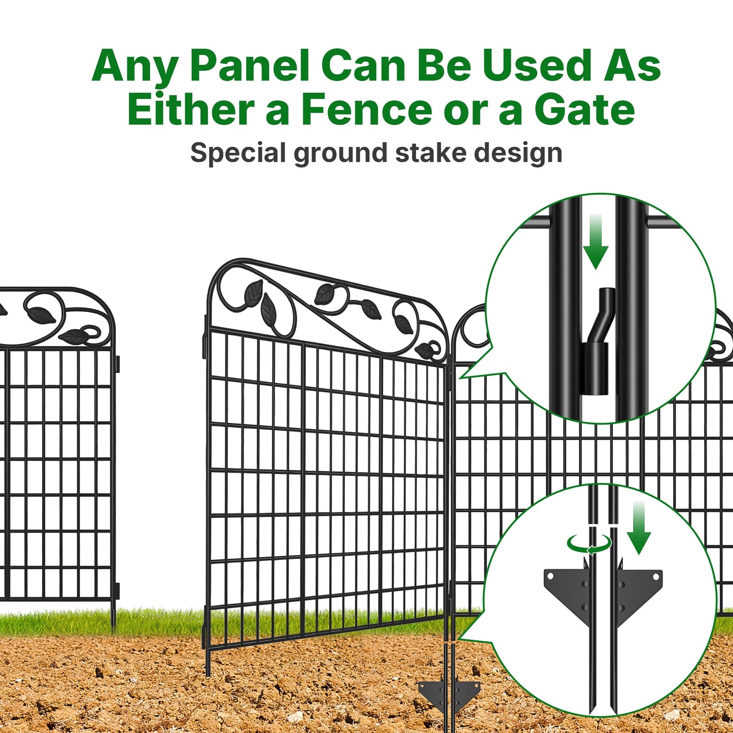 AMAGABELI 4 Panels 44 in(H )X 12 ft(L) Decorative Garden Fence Gate,Dog Fence Outdoor for Yard,Rustproof Tall Garden Fencing Animal Barrier Metal Wire Panel Border with Leaves for Flower Bed Black