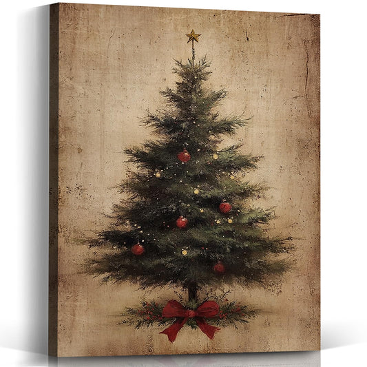 Voxitura Vintage Christmas Tree Wall Art Canvas, Rustic Bow Wall Decor for Holiday, Farmhouse Retro Winter Festive Paintings Pictures Prints Framed for Bedroom Living Room 12x15in