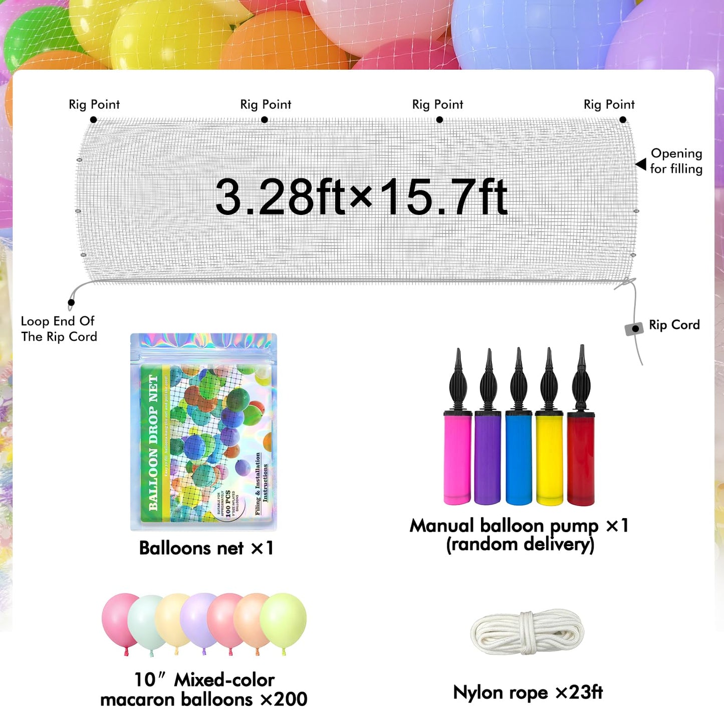 Balloon Release Net Kit - 200 Balloons 15.74x3.28 Ft, Balloon Drop Net for Ceiling Release for New Year Eve Party, Birthday, Graduation, Wedding,Celebration, Family Reunion Decorations
