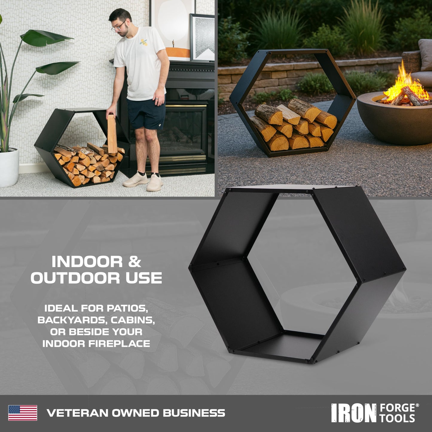 Iron Forge Tools Firewood Rack Outdoor Indoor Fire Wood Rack - 30 in. Hexagon Fire Log Holder, Powder Coated Steel Heavy Duty Firewood Holder Wood Storage Rack with Cover