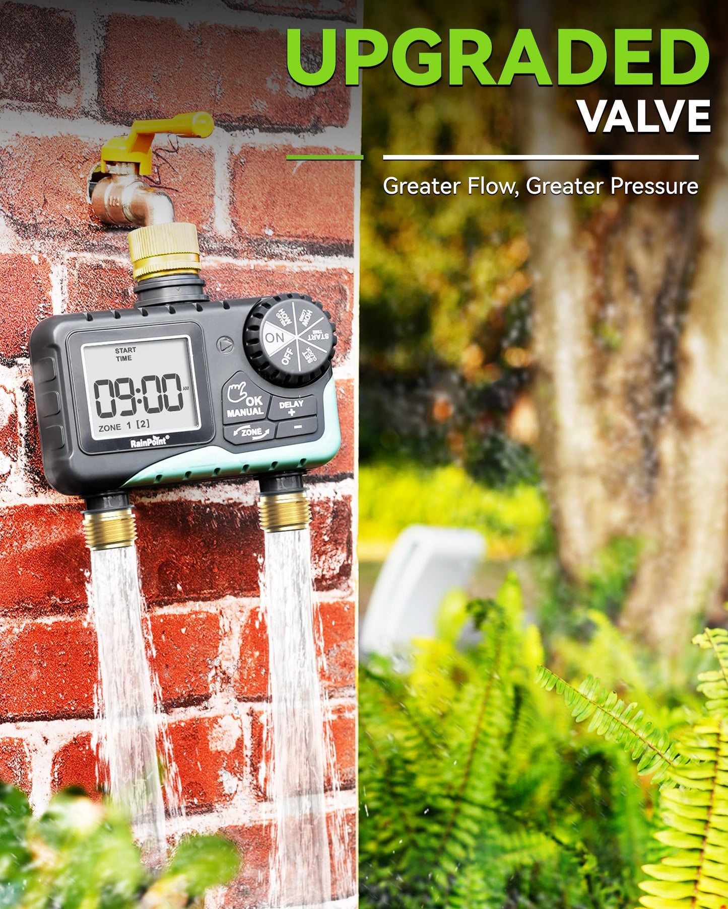 RAINPOINT 2 Zone Sprinkler Timer with Brass Inlet and Outlet - Water Timer for Garden Hose with Rain Delay/Manual Watering/Automatic Irrigation Controller System for Yard Lawn Garden(Blue)