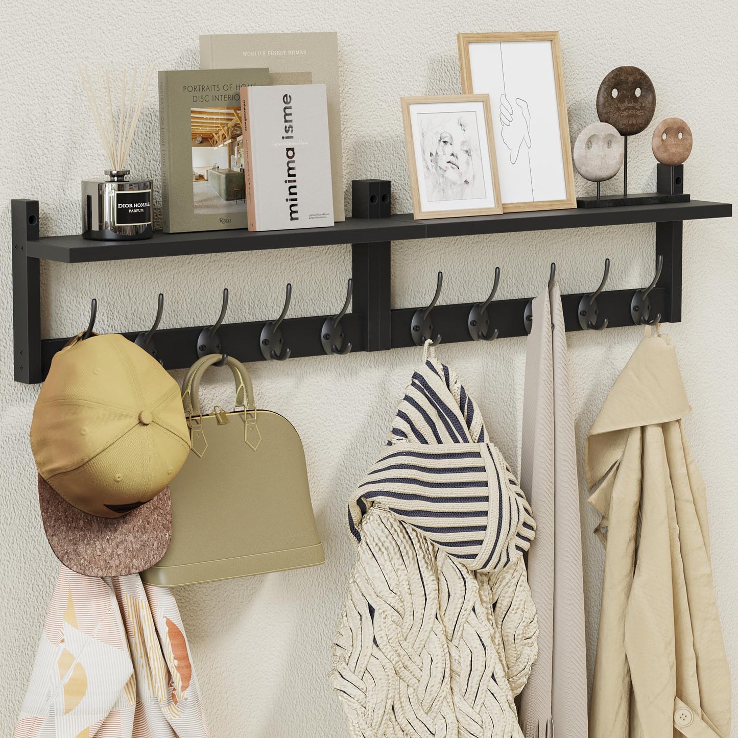 AMBIRD 34.2" Extra Long Wooden Wall Hook Rack with Shelf - Versatile and Decorative Wall-Mounted Storage with 10 Hooks for Coats, Hats, Keys - Ideal for Entryways, Bedrooms, Closets (Stylish Black)