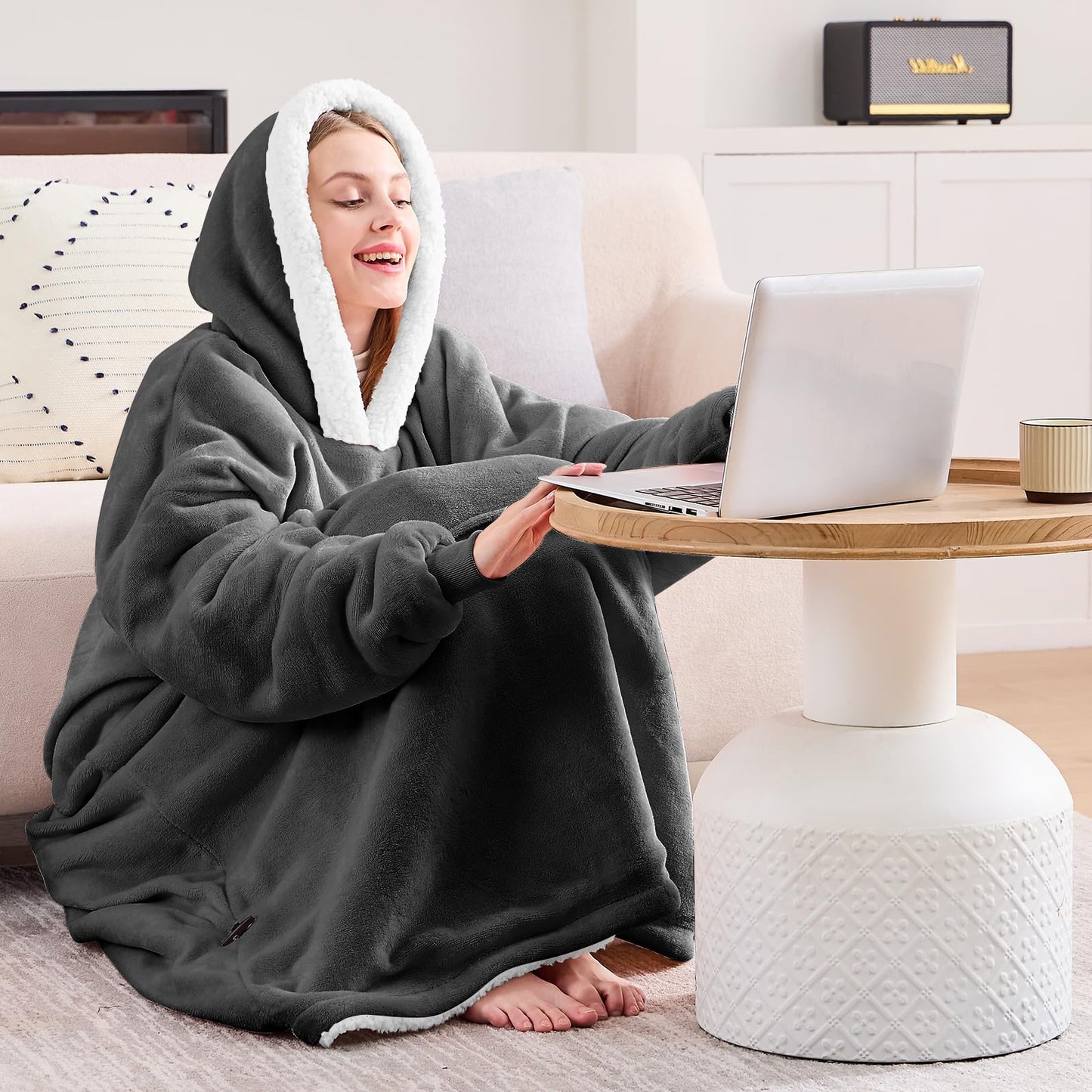 yescool Wearable Blanket Hoodie - Birthday Gifts for Women Mom Girlfriend, Oversized Flannel Sherpa Cozy Hooded Blanket Sweatshirt Adult With Hood Pocket & Sleeves, One Size Fits All (Grey)
