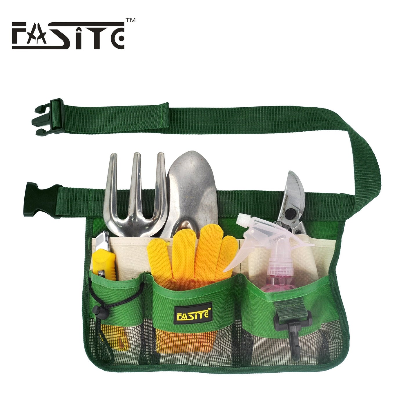 FASITE Gardening Tool Waist Bag Belt, Waterproof Garden Tool Apron with 7-Pocket Hanging Pouch for Men&Women, Adjustable, Green