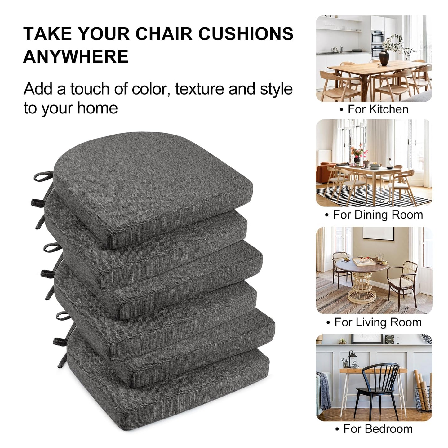 Wellsin Chair Cushions for Dining Chairs 6 Pack - Kitchen Chair Cushions with Ties and Non-Slip Backing - Dining Chair Pads 16"X16"X2", Dark Gray