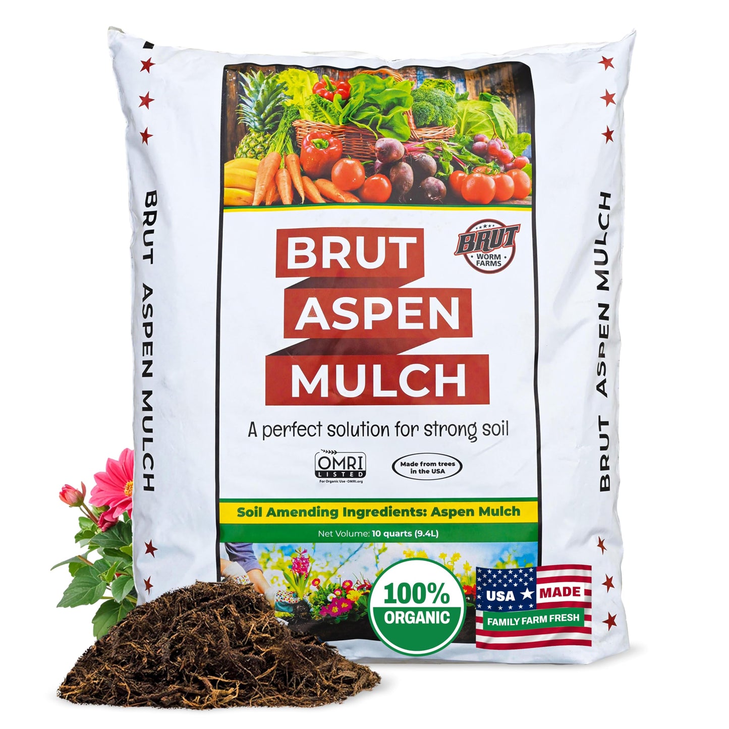 Brut Organic Aspen Mulch 10 QT – Natural Moisture Retainer & Root Protector – Odor-Free, Nutrient-Rich Bark Mulch for Landscaping, Garden Beds & Potted Plants