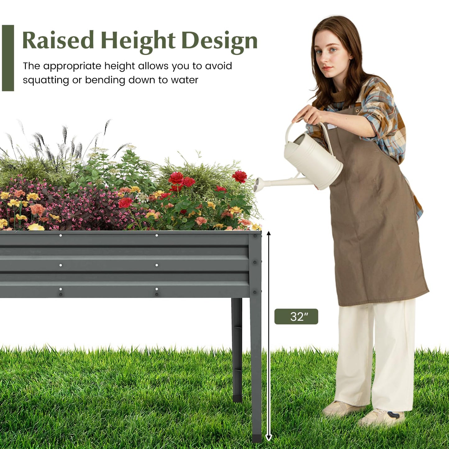 HAPPYGRILL Raised Garden Bed, Galvanized Garden Box with Legs, Drainage Holes, 2 Gloves, Outdoor Planter Box for Garden, Backyard & Patio, 46”x 24” x 32”, Grey