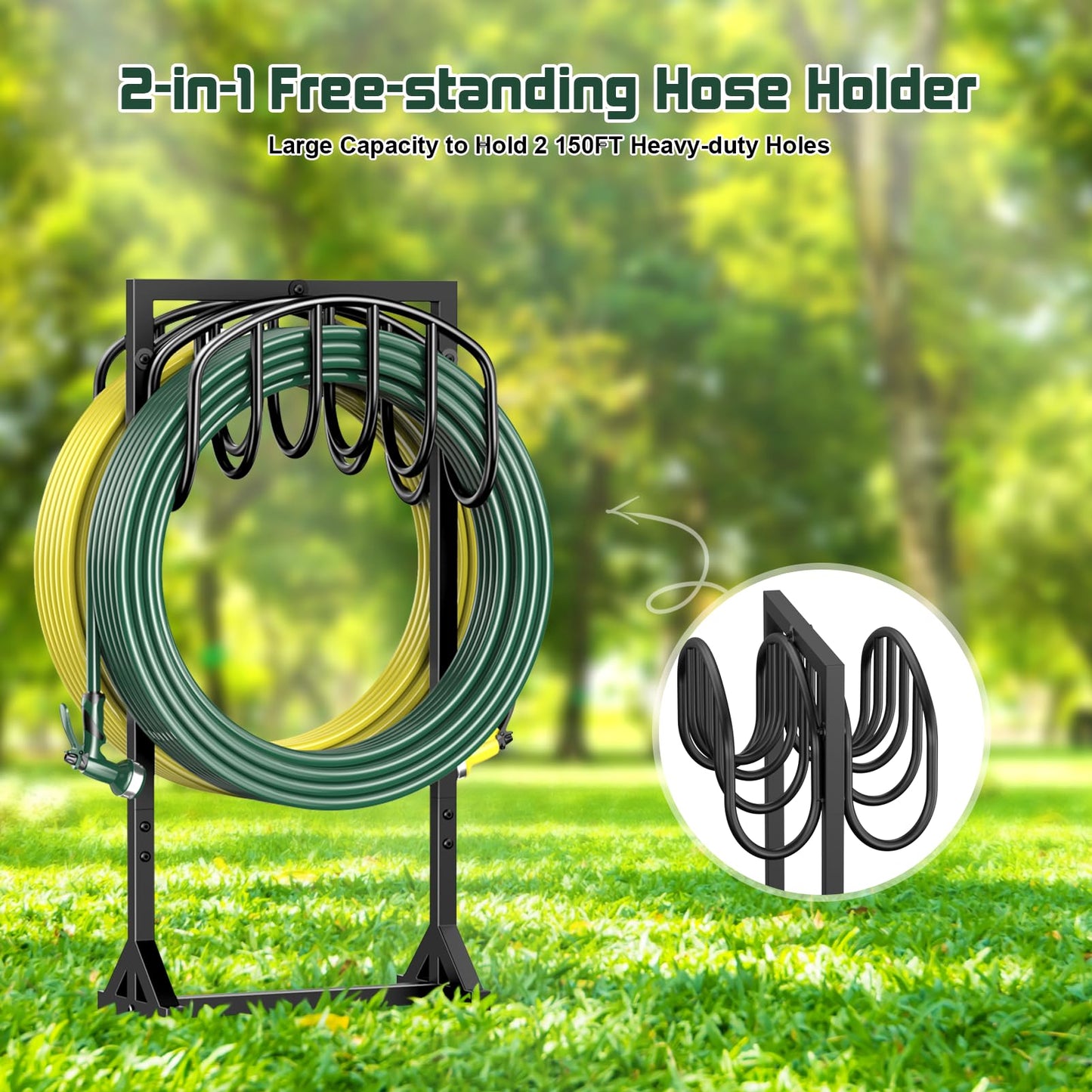 Garden Hose Holder Holds 2 x 151FT Hoses, Heavy-Duty Metal Freestanding Hose Stand Hanger with Stable Base, Rustproof Water Hose Holders for Outside Yard Lawn Farm, Black