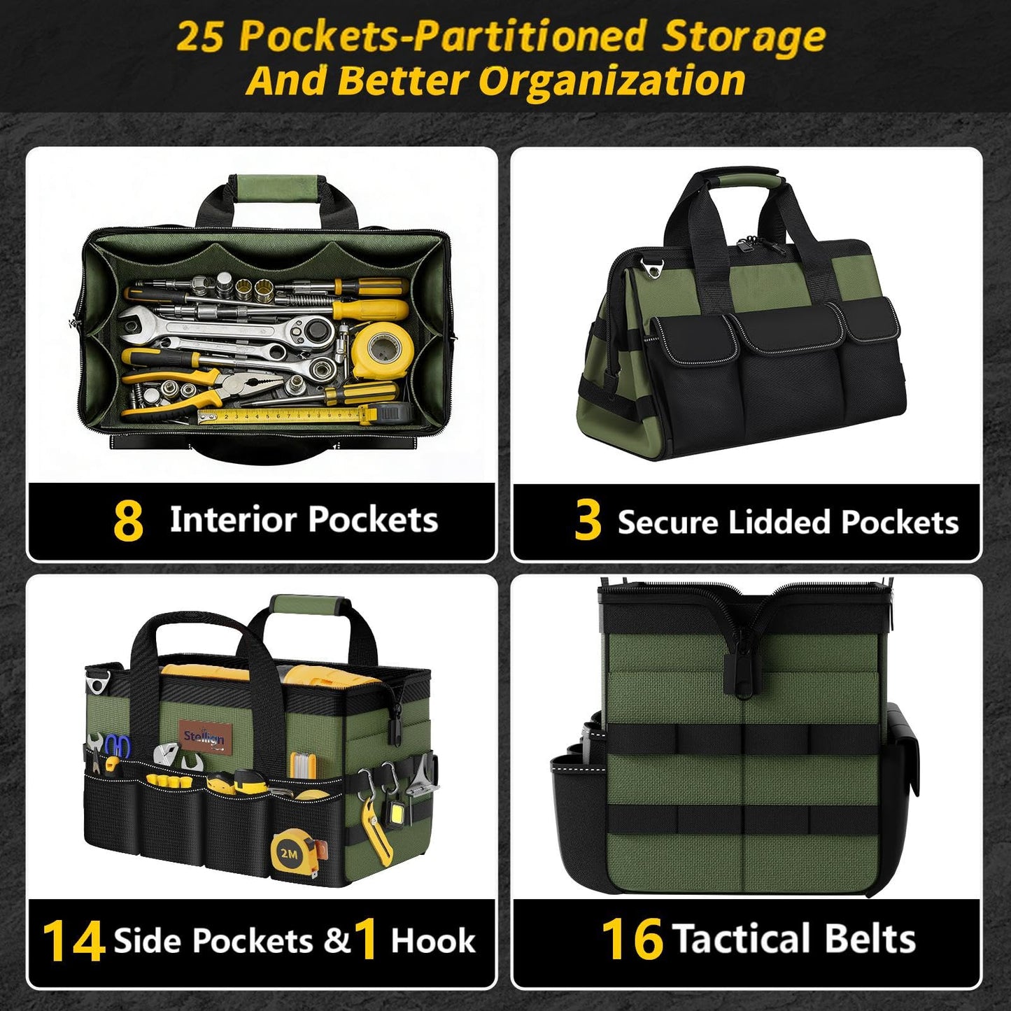 Stellign Heavy Duty Tool Bag 16-Inch,25-Pocket Portable Tool Box Organizer with Big Storage ToolBox, Zipper Carrying Toolbag-Multi Pouch for Construction, Electrical,Gifts for him Dad,Men,friend