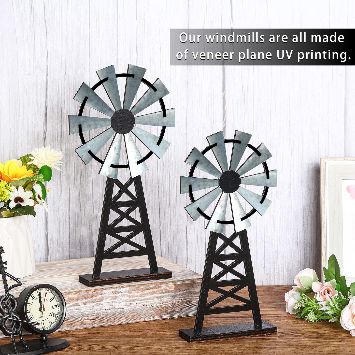 Yalikop Set of 2 Wooden Farmhouse Windmill Table Top Decor Wood Small Distressed Black Grey Rustic Windmill Themed Table Decor for Kitchen Garden Home