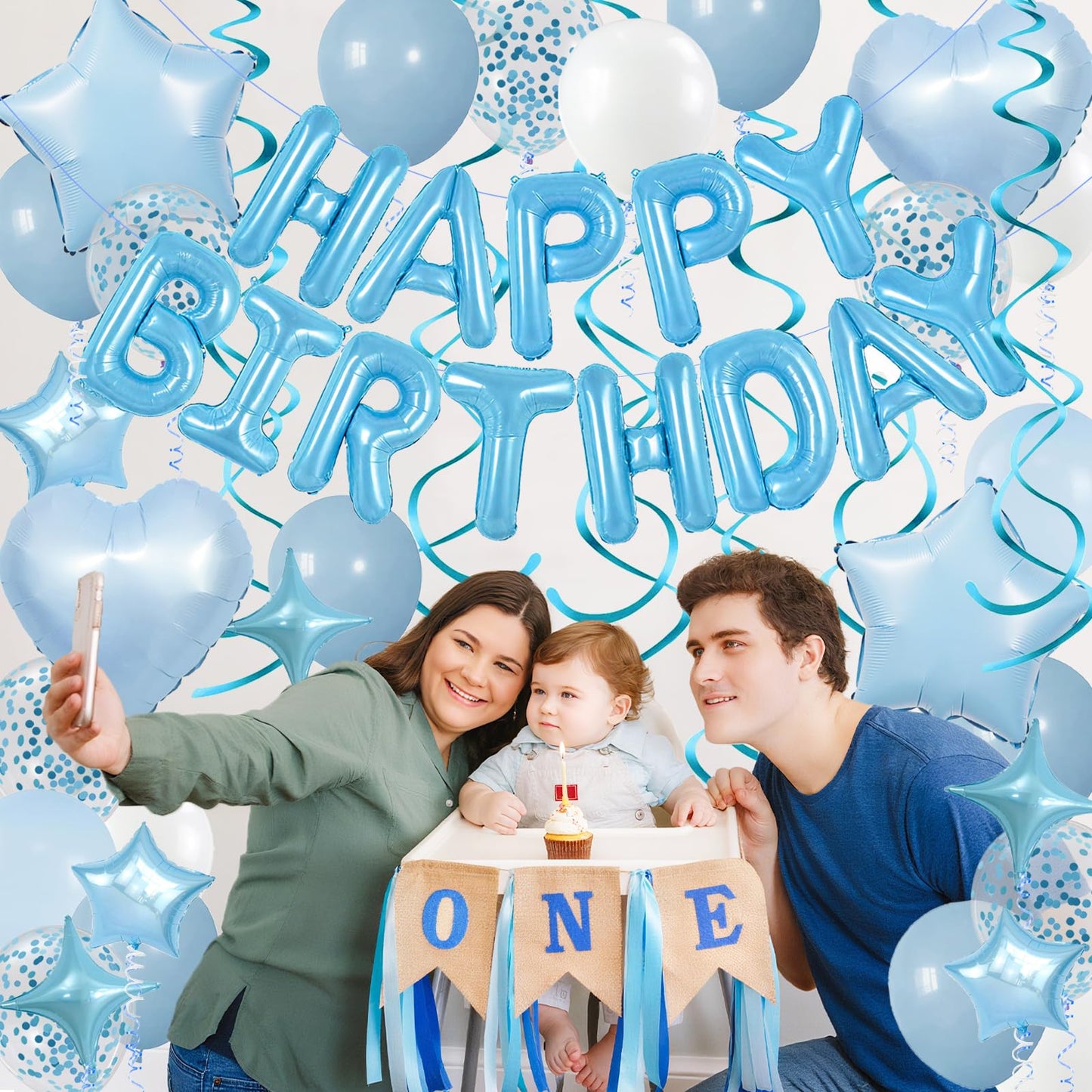 YWWSNSE Blue Birthday Decorations, 3D Foil Light Blue Happy Birthday Balloon Banner with Star and Heart Balloons, Confetti Balloons, Hanging Swirls, for Girls Women Party Decorations