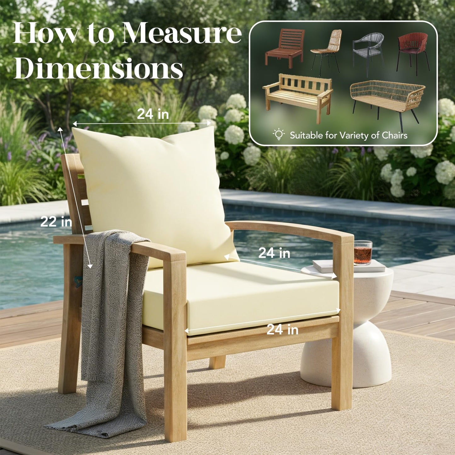L’AGRATY Outdoor Chair Cushions for Patio Furniture：24" x 24" Deep Seat Cushions with Backrest for Couch Sofa Chair - Waterproof Fade-Resistant Patio Cushion (Set of 1,Beige)