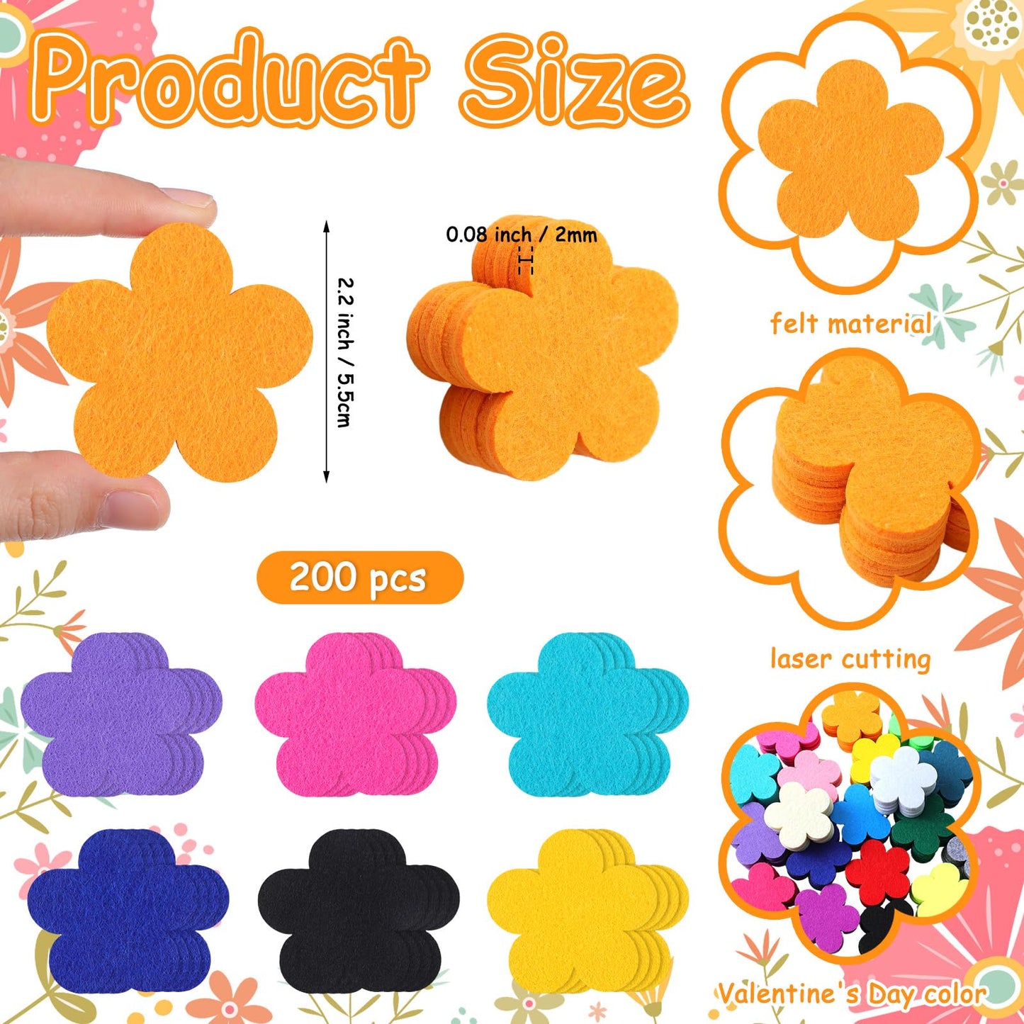 FuWeave 200 Pcs Colorful Felt Flower Die Cut Embellishment Multicolor Fabric Embellishments 2.2 Inch Felt Pads Appliques for Spring Summer Home Classroom Wall Craft Project