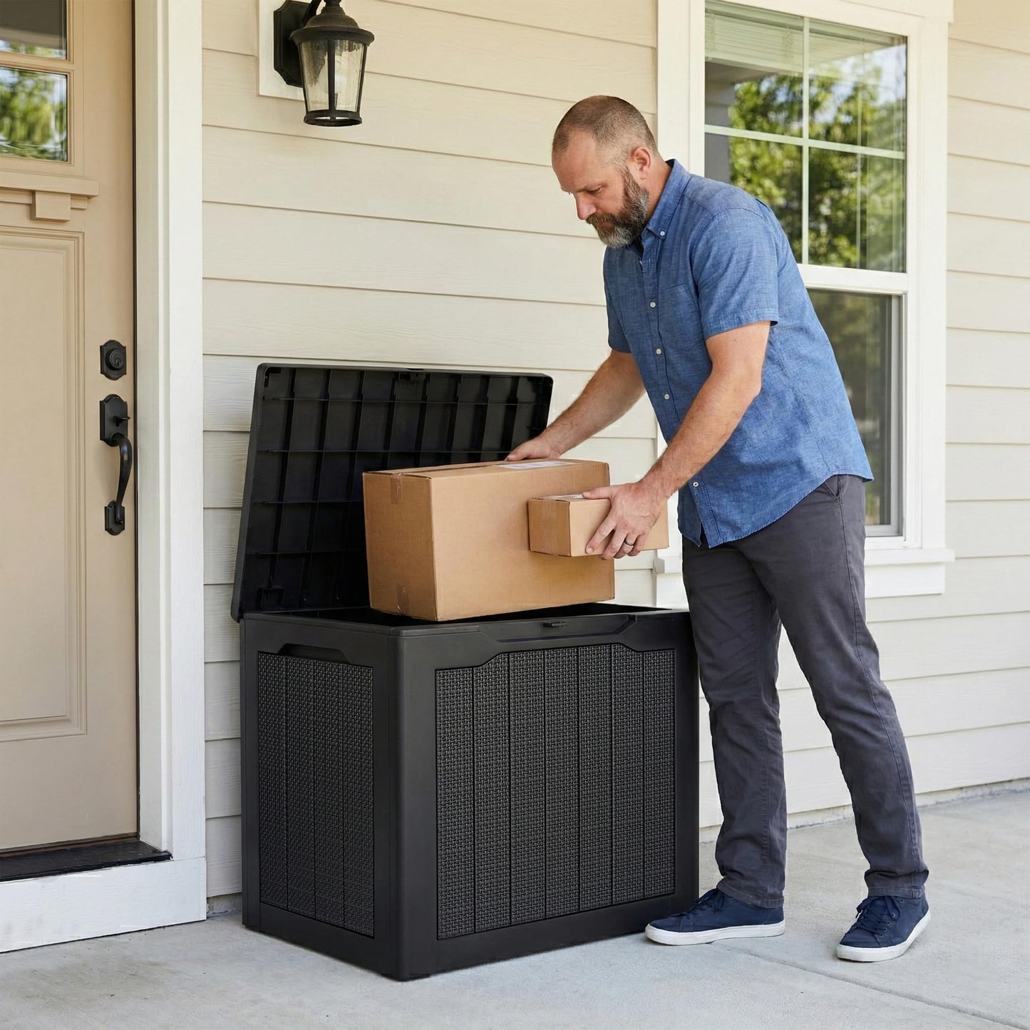 UDPATIO 30 Gallon Deck Box, Outdoor Storage Box Lockable Waterproof Resin, Indoor Outdoor Storage Container for Patio Cushions, Garden Tools, Pool Accessories, Package Delivery Boxes for outside