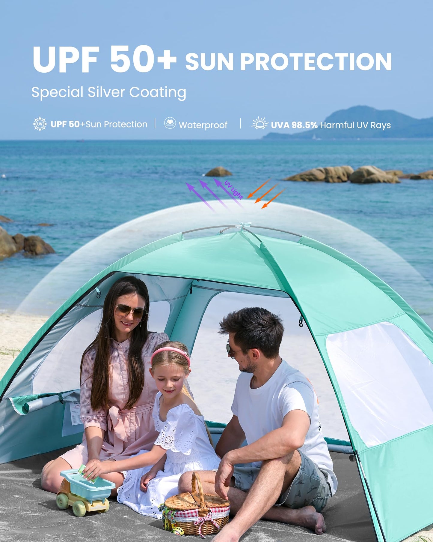 OutdoorMaster Beach Tent for 3/4 Person - Easy Setup Sun Shade Shelter, Portable Beach Shade Sun Canopy with UPF 50+ UV Protection, Removable Skylight Family Size - 3 Person Green