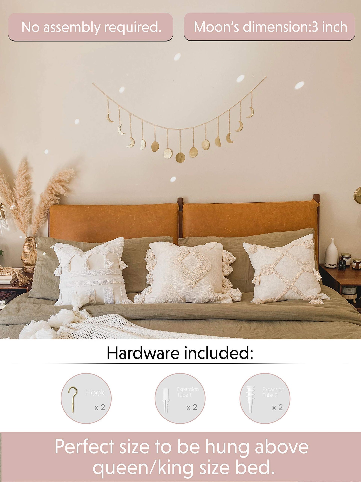 dylan n duke 55" Large Moon Phase Wall Hanging/Boho Wall Decor/Moon Decor/Moon Garland/Bohemian Wall Decoration/Handmade Hammered Finish/Aesthetic Decoration for Bedroom Living room Office Nursery /