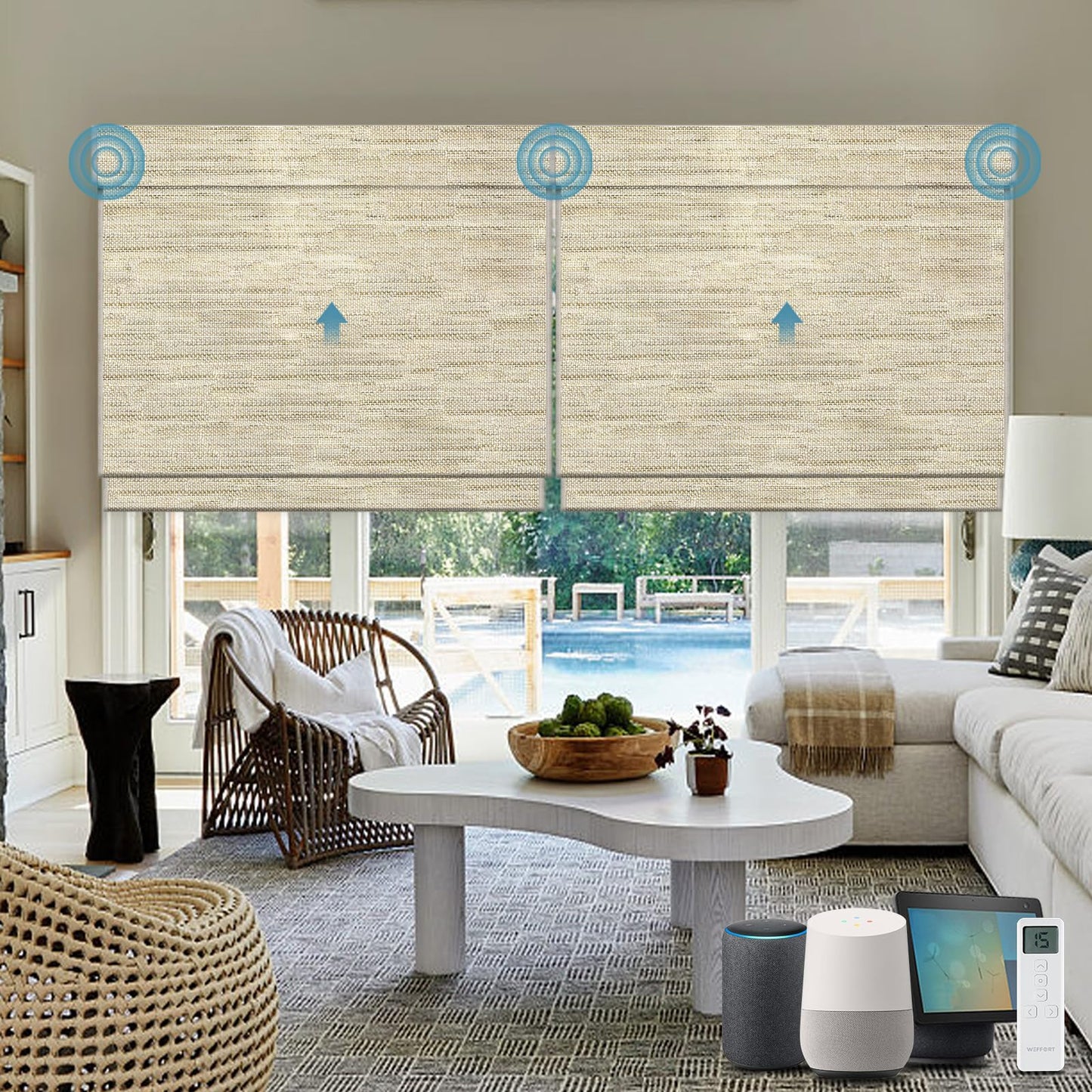 WEFFORT Motorized Roman Shades, Woven Woods Shades, Work with HomeKit/Alexa/Google Home, Cordless, Custom Size, Crocheting Kenaf