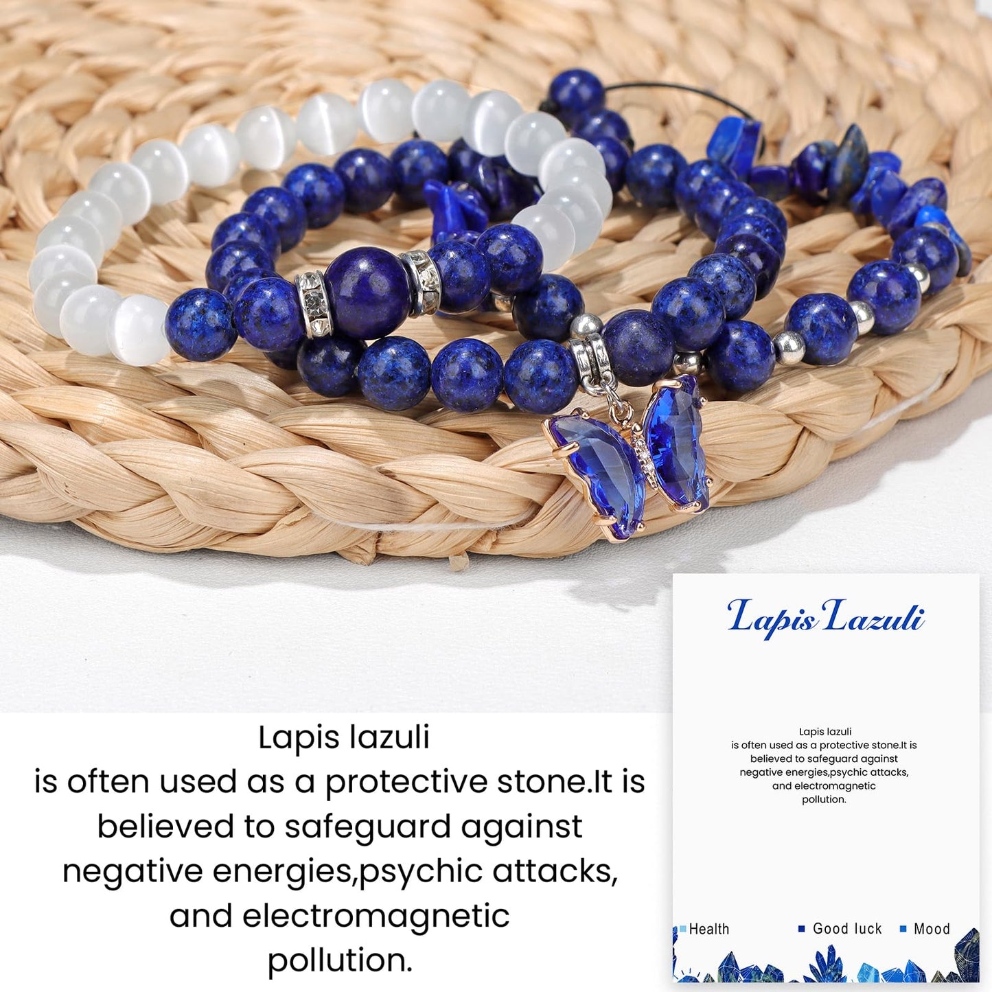 Raicegs Healing Crystal Bracelets for Women Lapis Lazuli Butterfly Bracelet Set 8mm Natural Stone Beaded Bracelet Anxiety Stress Relief Purple Bracelets for Women