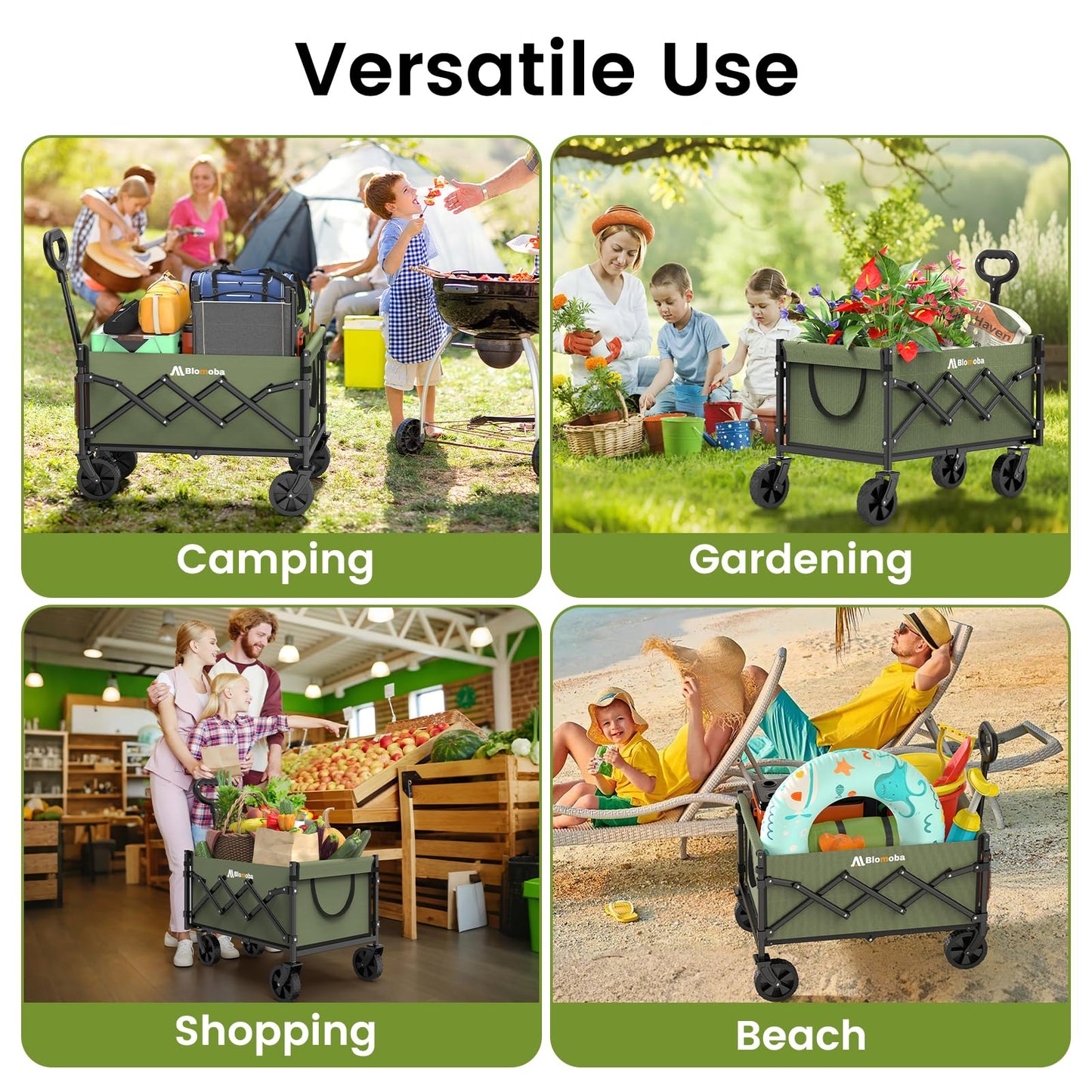 Collapsible Wagon with Wheels, 220 lbs Wagons Carts Foldable Wagon Cart with Flexible Handle, Lightweight Portable Folding Utility Grocery Shopping Cart for Grocery Sports Garden Camping, Green