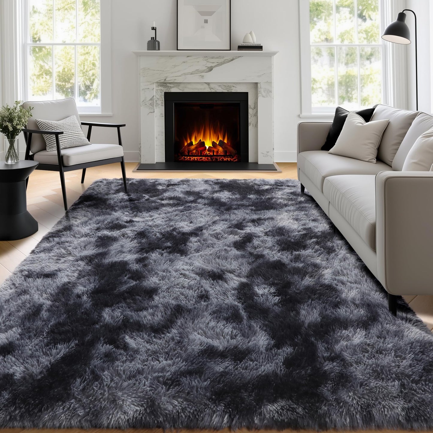 PAGISOFE Abstract Shaggy Area Rug 4' x 6' Plush Furry Rugs for Living Room, Tie-Dyed Dark Grey Soft Fluffy Rugs for Bedroom Grils Boys, Fuzzy Rug for Nursery, Dorm. Shag Carpet for Kids Room Decor