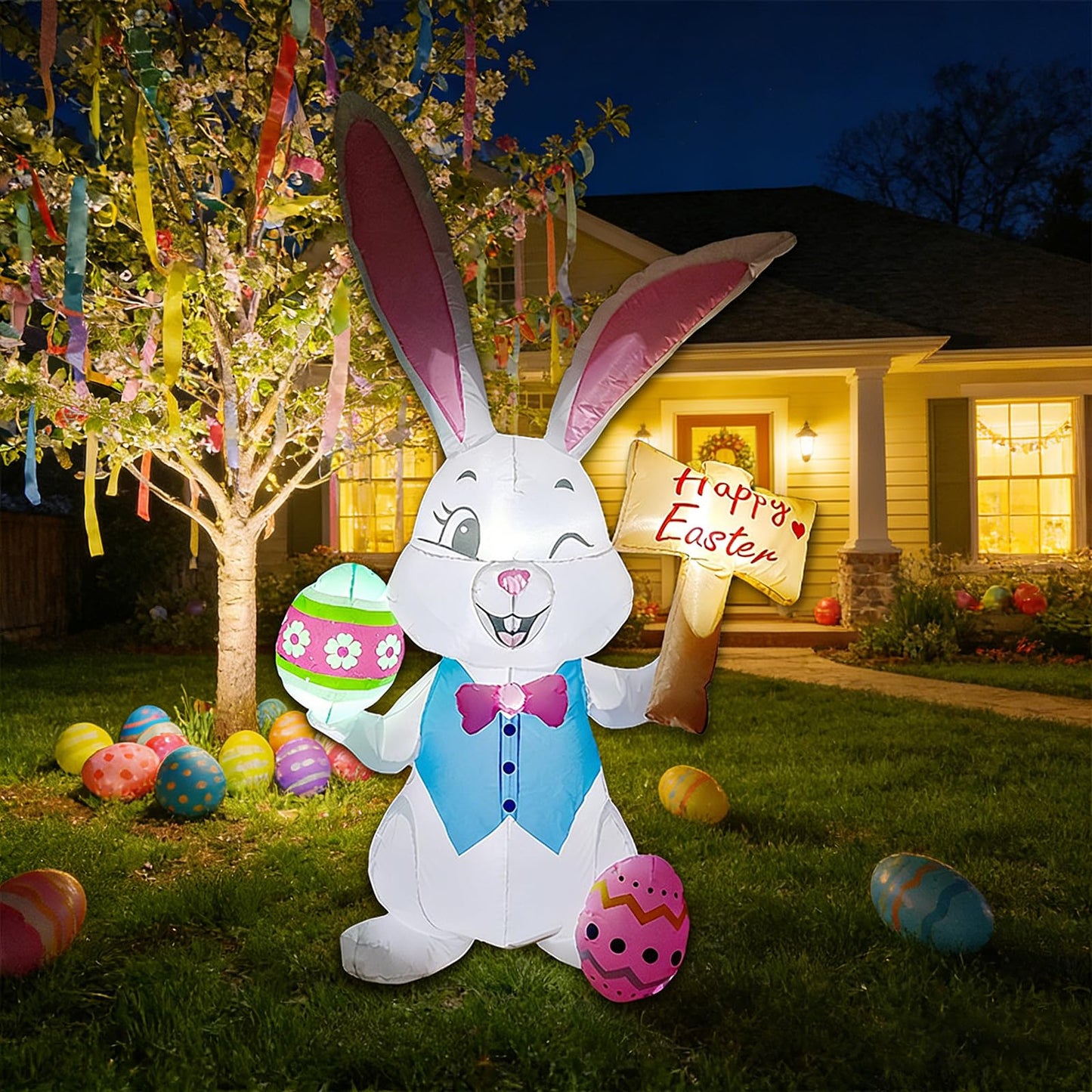 5FT Easter Inflatables Outdoor Decorations，Inflatable Bunny with Easter Eggs, Blow-up Yard Decor for Indoor/Outdoor Garden Lawn & Holiday Party (Rabbit Raise The Sign)