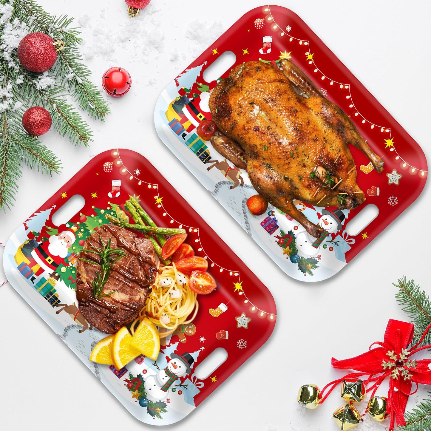 gisgfim 2PCS Christmas Serving Tray with Handles 16 X 11 Inch Large Melamine Platter Serving Dishes Rectangular Xmas Tree Santa Snowman Gingerbread House Food Tray for Snack Cookie Candy Dessert Plate