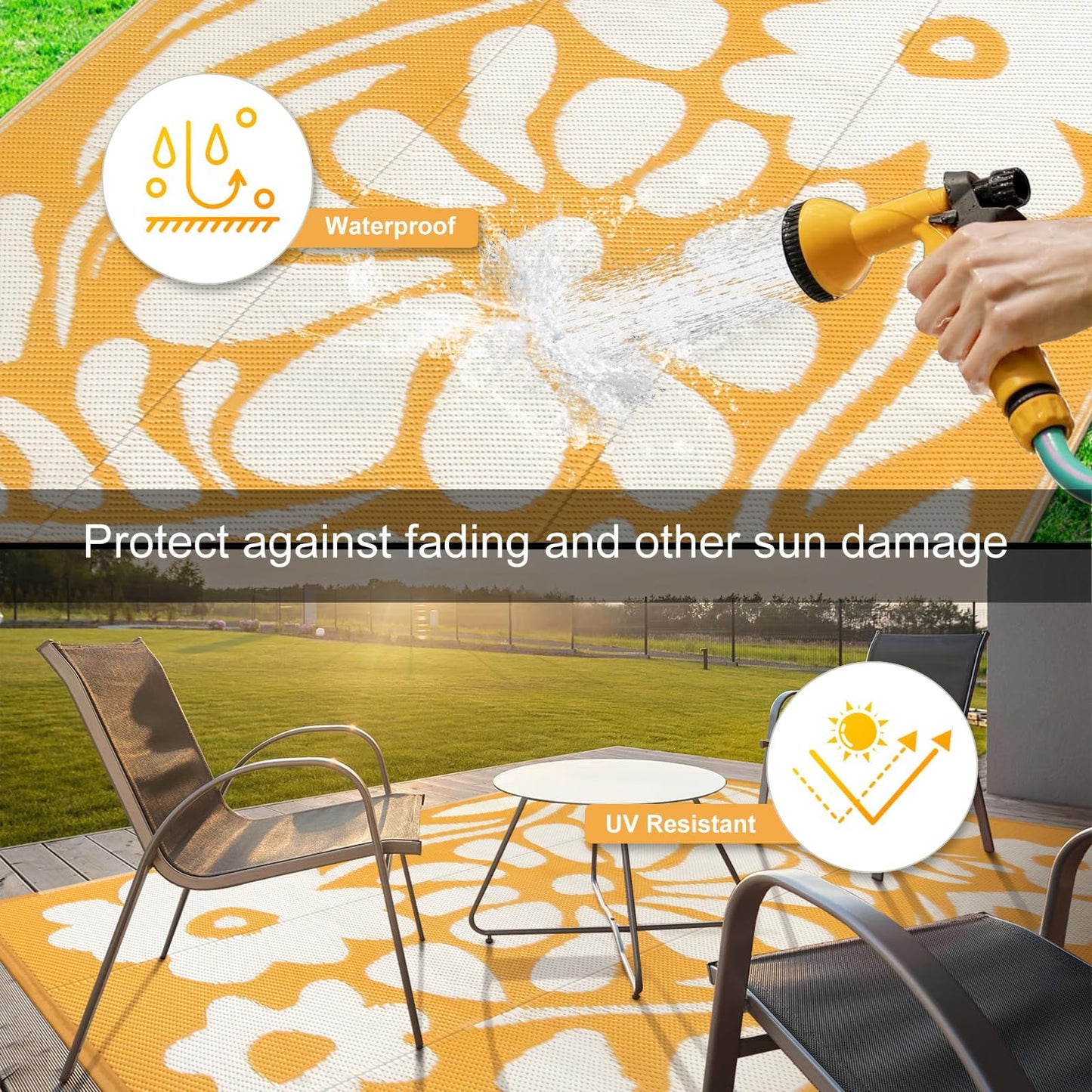 Uphome Outdoor Rugs 8x10 Waterproof, Reversible Orange Floral RV Camping Rug, Patio Plastic Straw Outside Rug, Large Foldable Outdoor Mat Carpet for Backyard Deck Pool Balcony Picnic Beach, 8'x10'