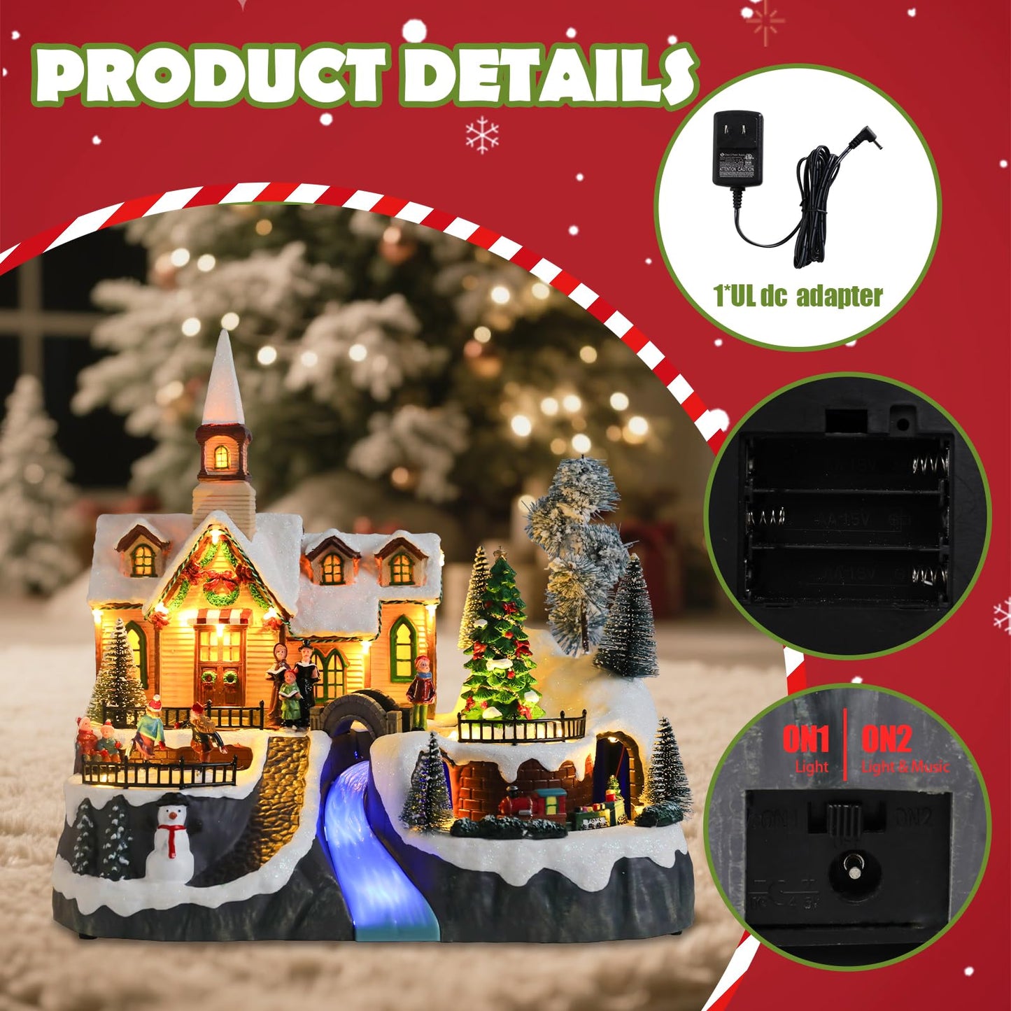 WONDER GARDEN Christmas Village Houses Church House Villages with Rotating Tree,Moving Train and Dancing Kids Musical Lighted Christmas Collectible Buildings for Indoor Decor or Gift