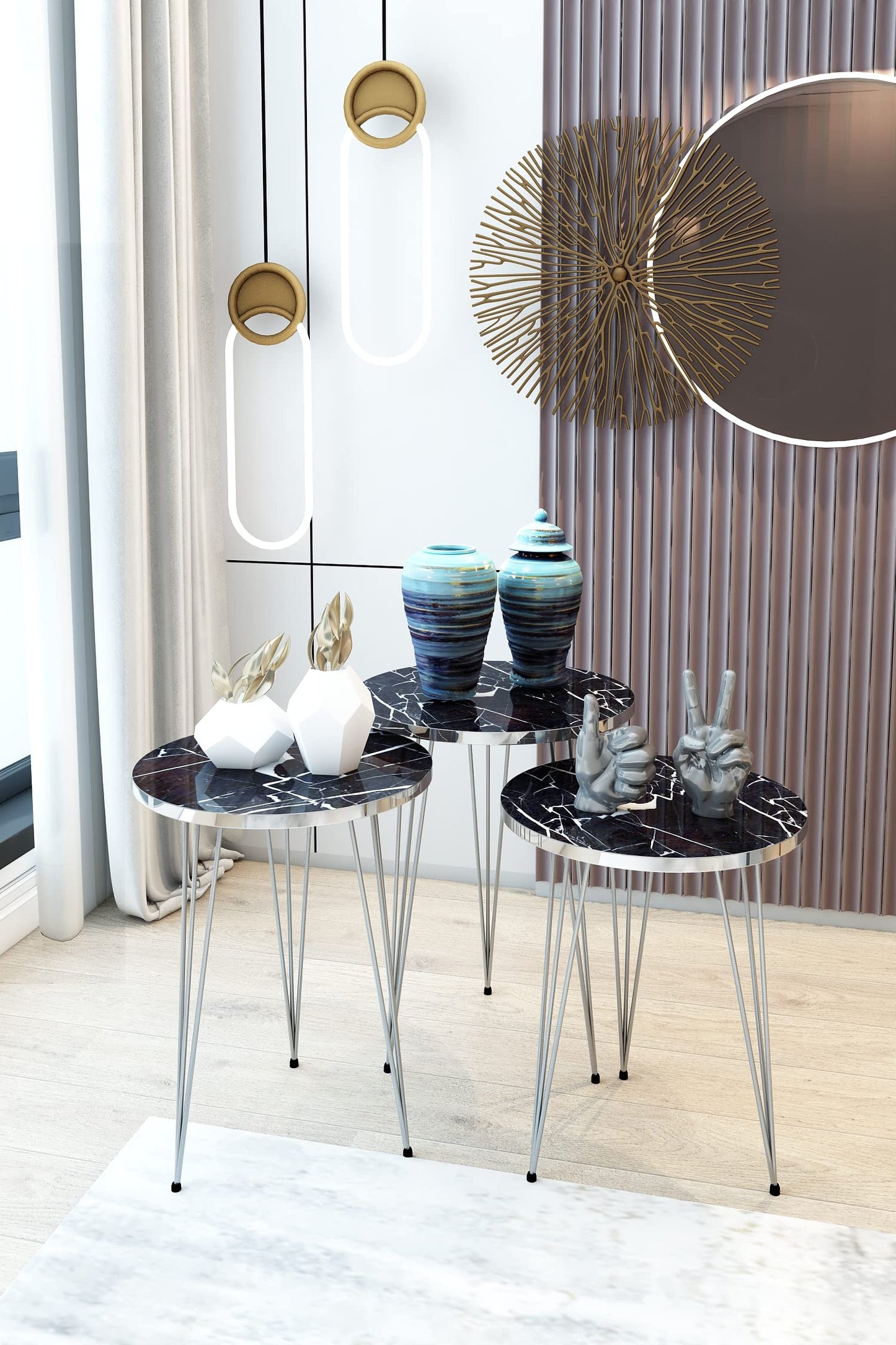 PAK HOME Set of 3 Nesting End Tables Round Wood Stacking Coffee Side Accent Sofa Table with Metal Legs for Living Room, Home Office, Nightstands for Bedroom (Black Marble/Silver Legs)