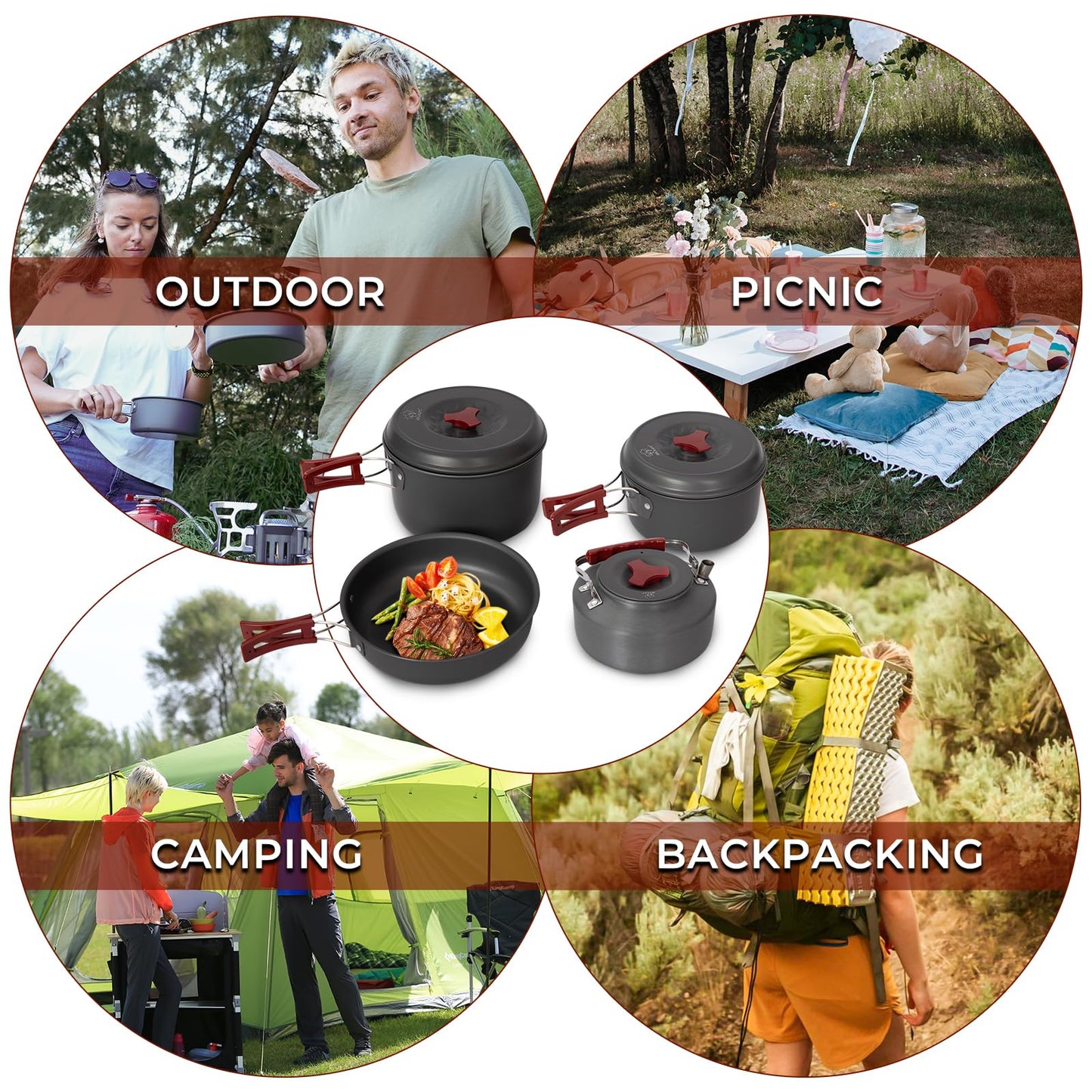 Bulin Camping Cookware Pots and Pans Set, Lightweight Backpacking Cooking Set Outdoor Cook Gear for Family Hiking Picnic (Kettle, Pot, Frying Pan, Bowls, Plates, Spoon)