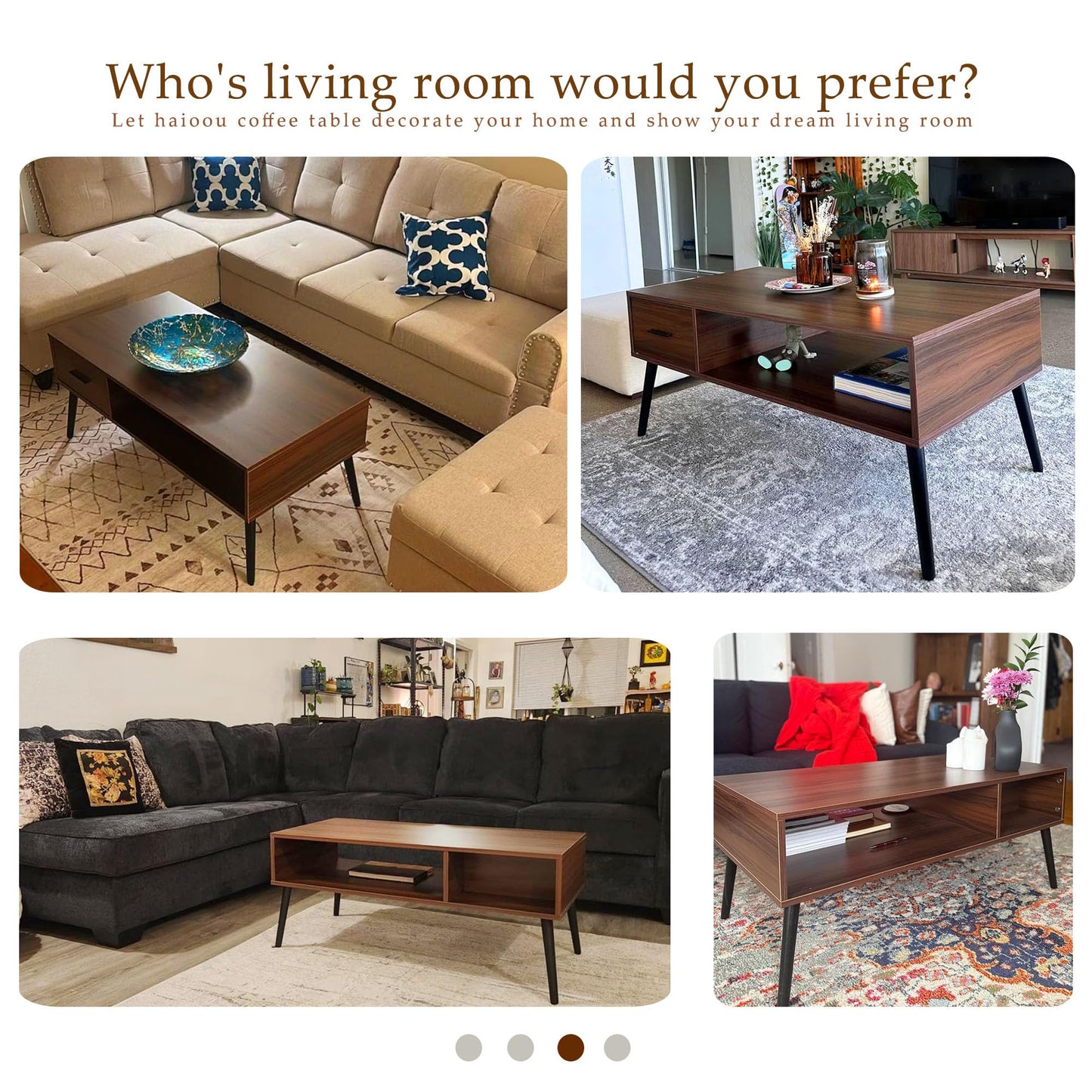 HAIOOU Coffee Table, Mid Century Modern Center Table for Living Room with Storage, Walnut Tea Table with Drawer, Open Storage Shelf, Floor-Anti-Scratching Pine Leg for Home, Office(Dark Brown)