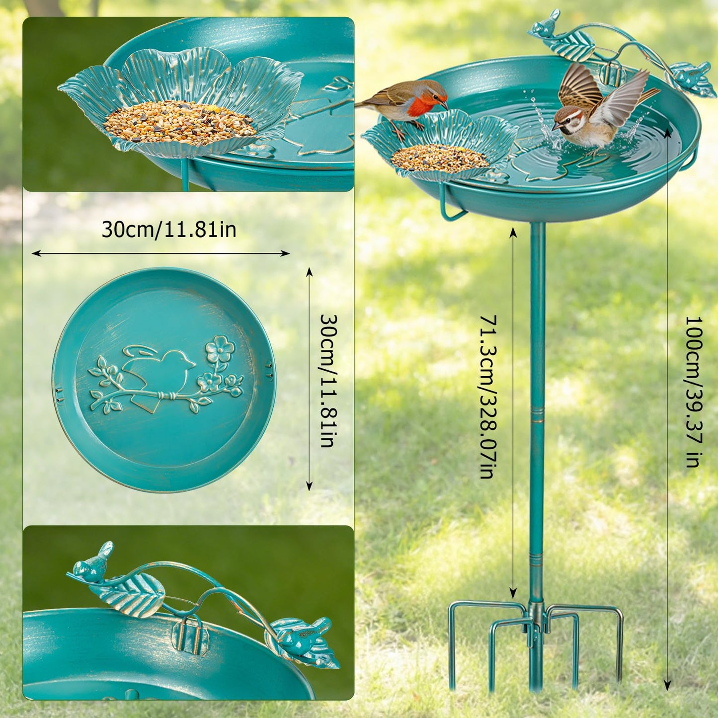 Mellbree Bird Bath 12" for Outside Lake Blue and Gold Gilding with Bird Bath Copper Disk
