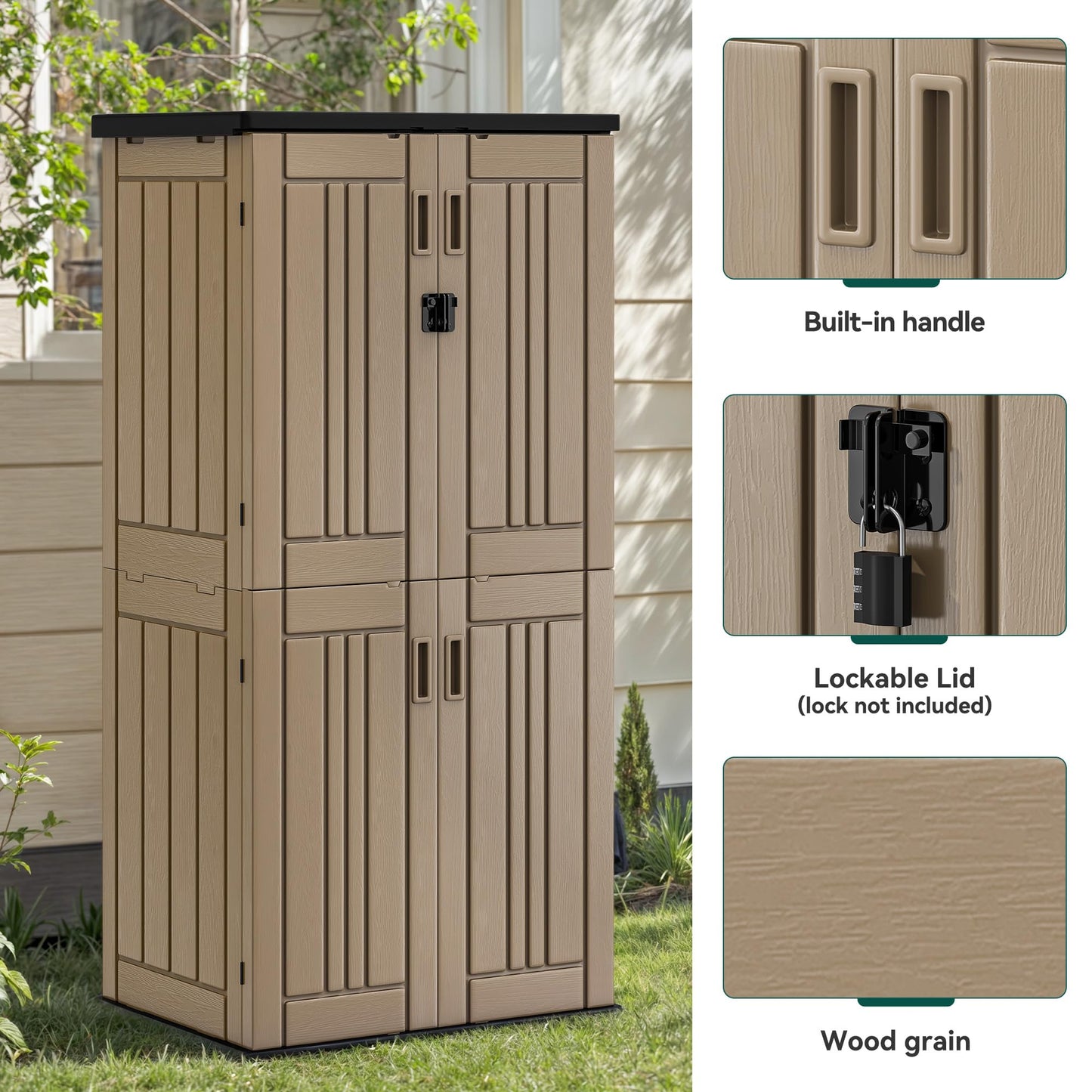 YITAHOME Outdoor Tall Storage Cabinet with 4 Shelves, Waterproof Resin Vertical Tool Shed, Lockable 30 cu. ft. Storage Shed for Patio, Garden, Yard, Brown